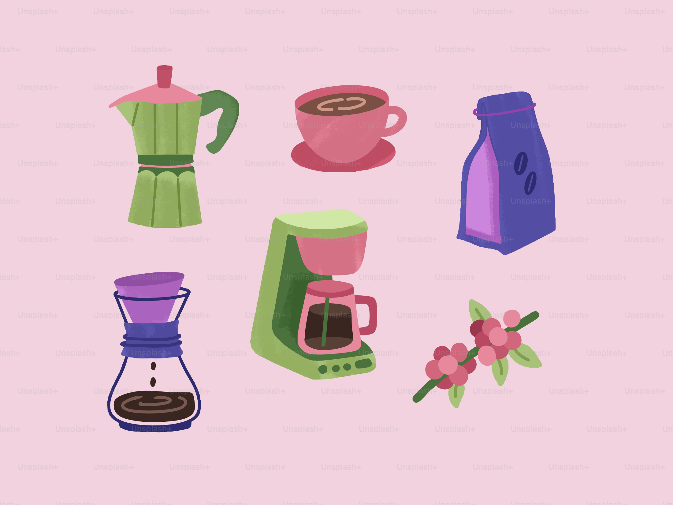 Articles liés au café : une cafetière moka, une cafetière et des grains.