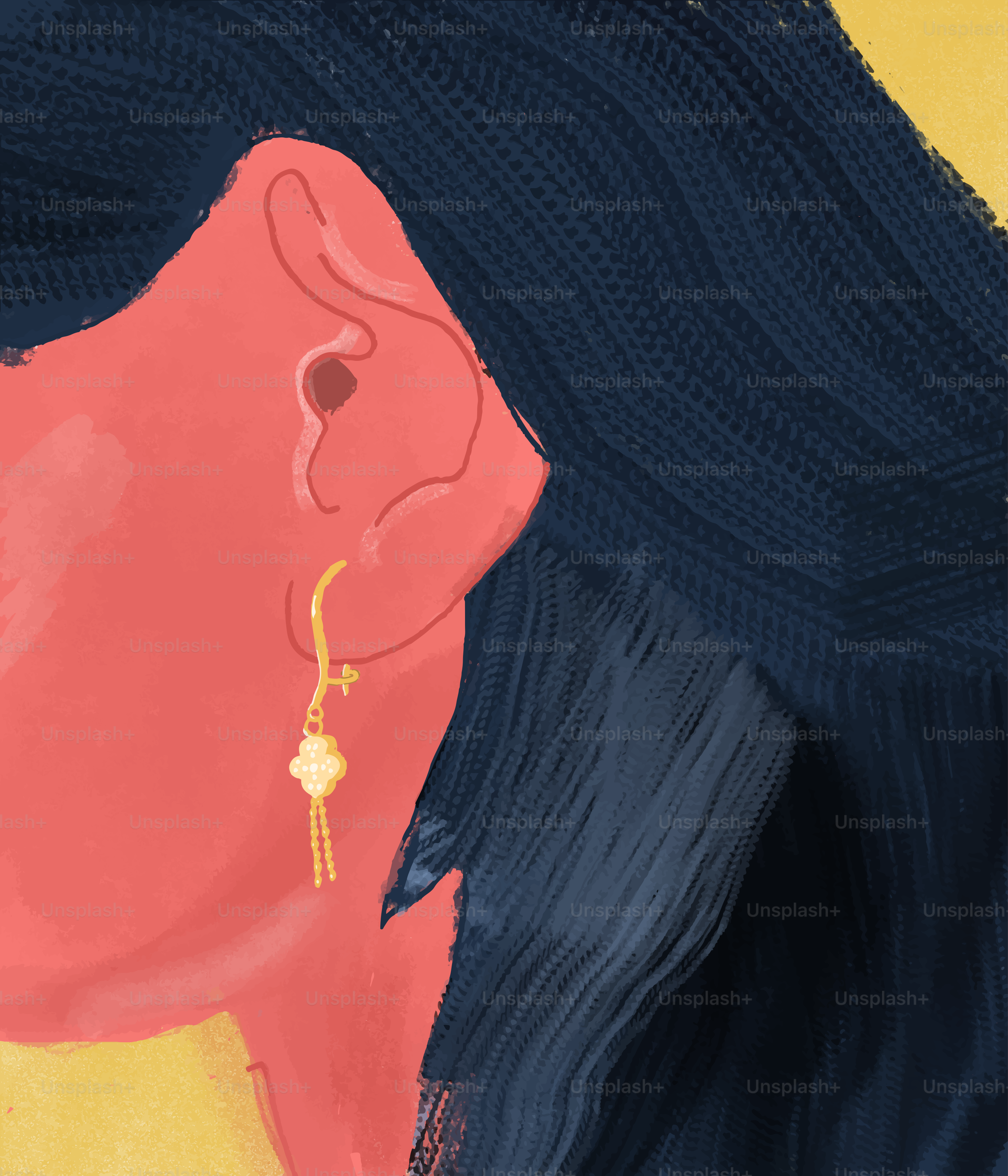 A woman is wearing a gold earring.