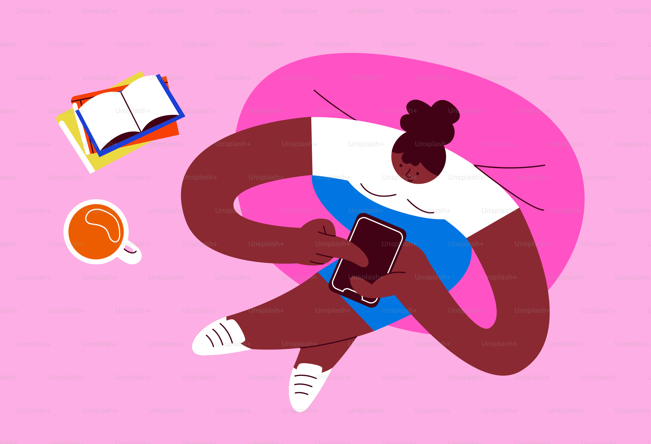 A woman is relaxing with her phone and a drink.