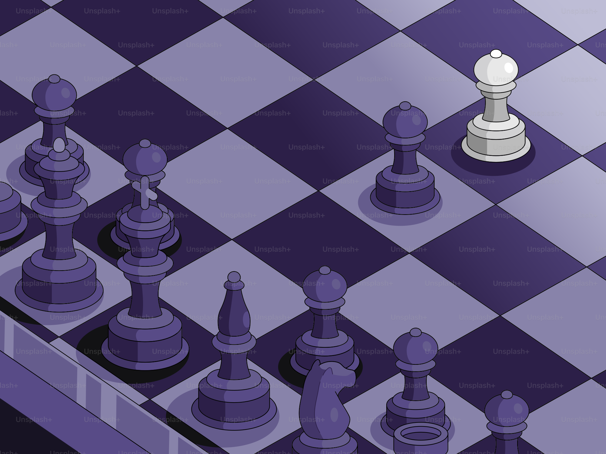 I pezzi degli scacchi sono posizionati su una scacchiera viola.