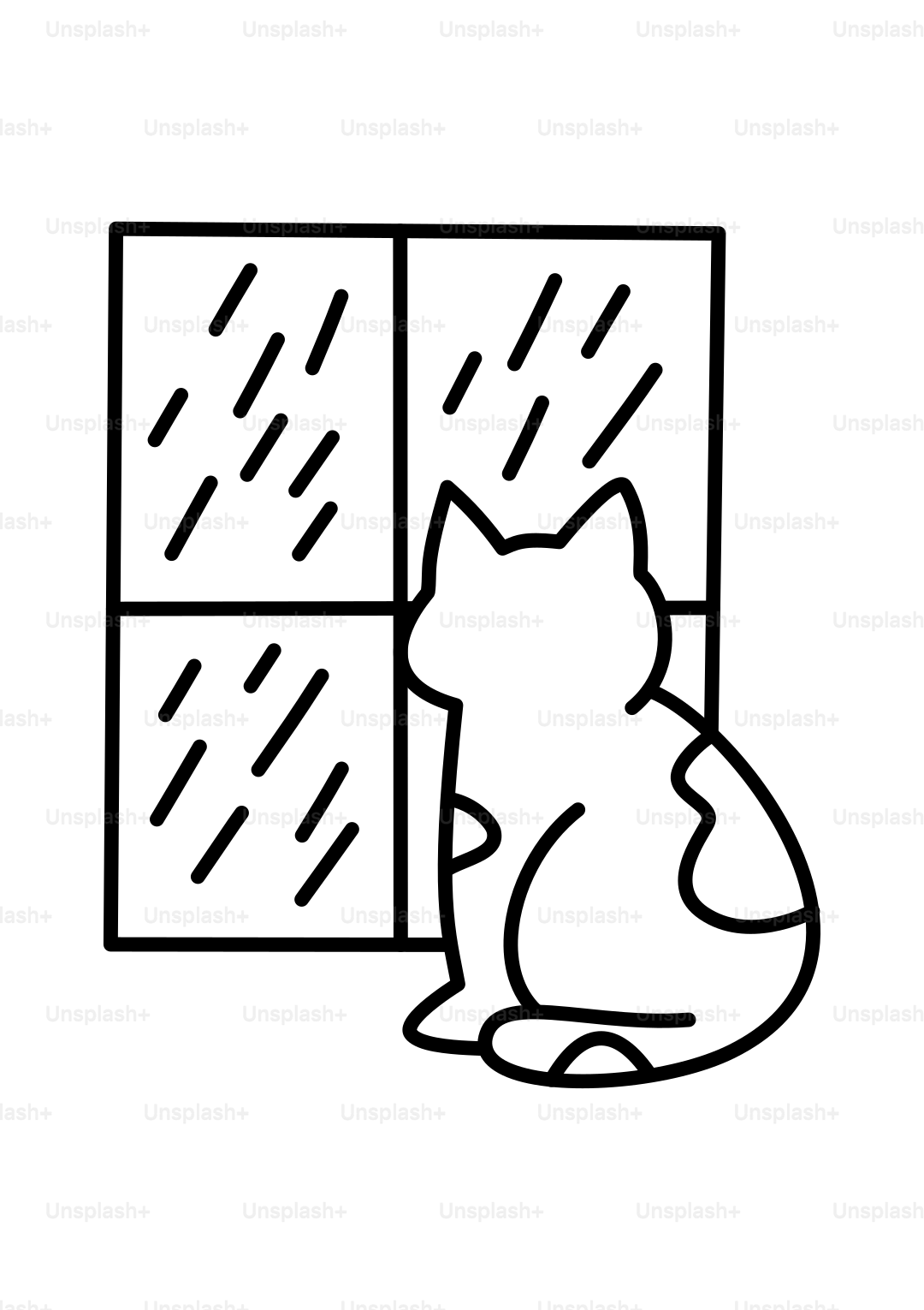 A cat watches the rain from a window.