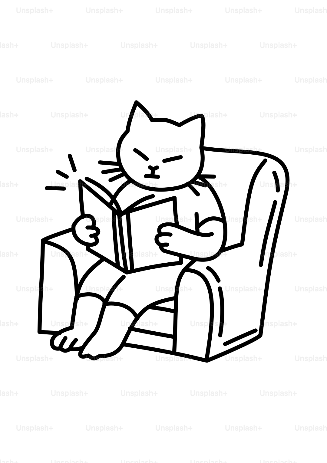 A cat reads a book on a cozy chair.