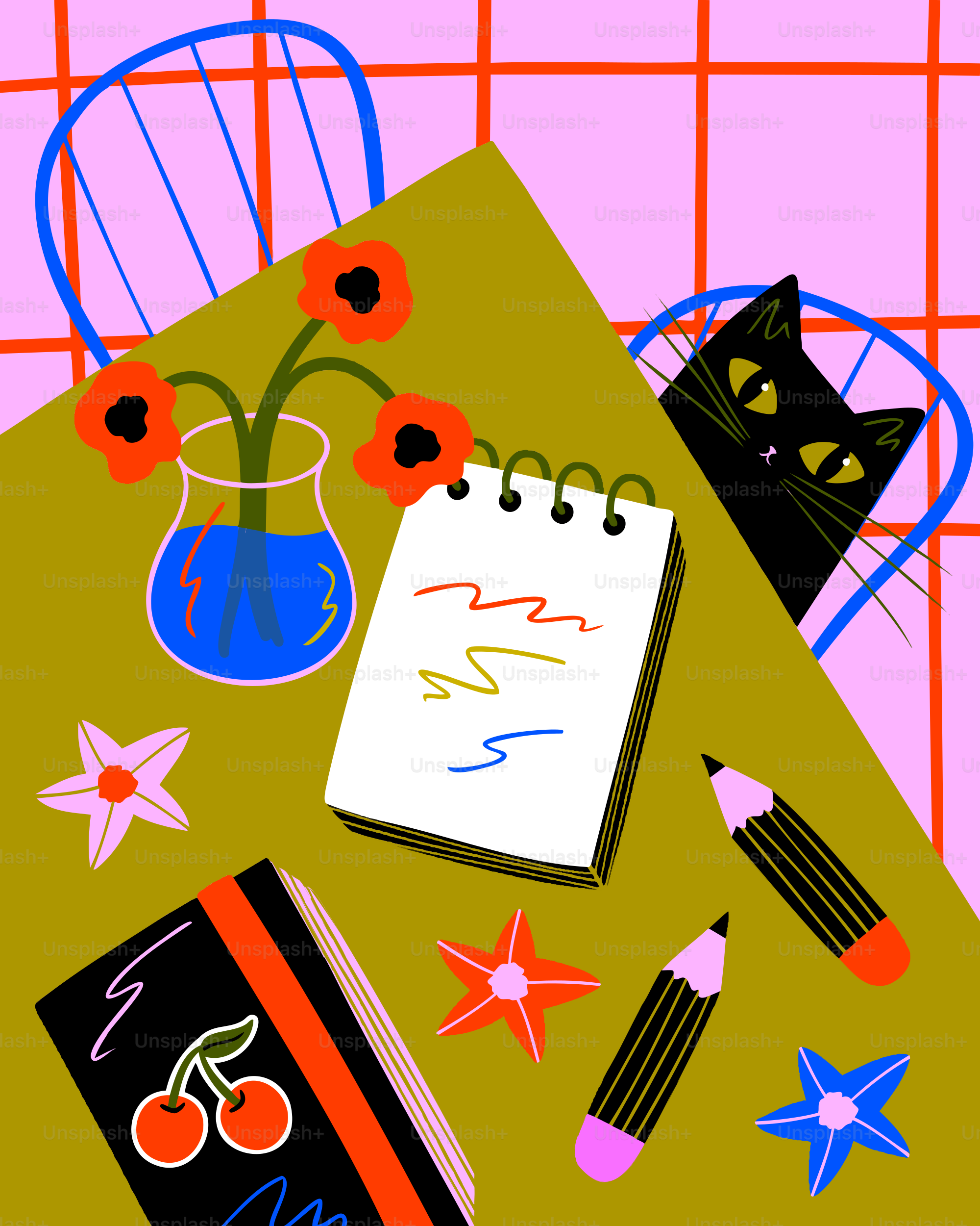 A cat spies on a colorful still life.