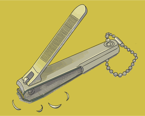 Nail clippers with trimmed nails on a yellow background.