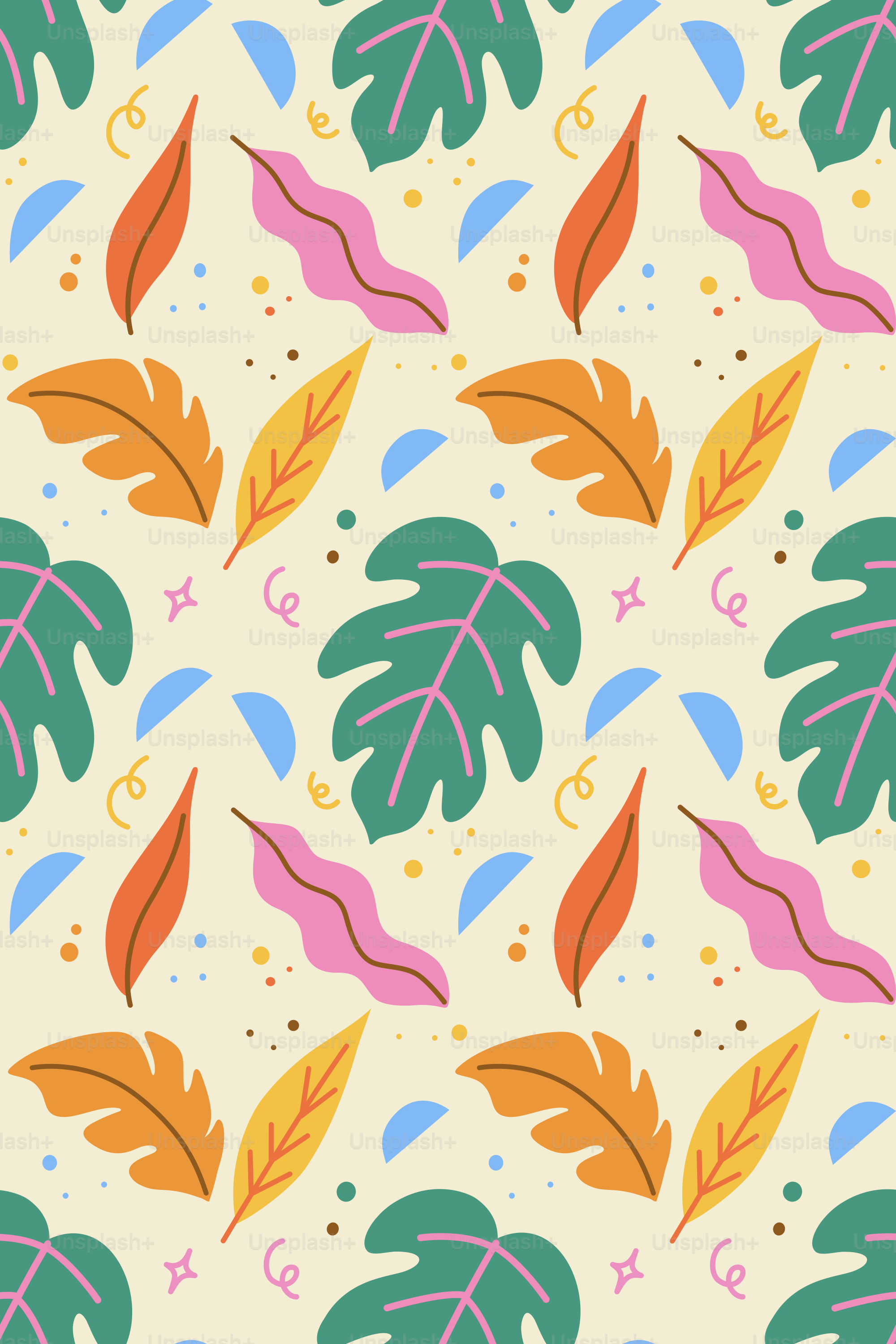 Colorful leaves and shapes create a fun, playful pattern.