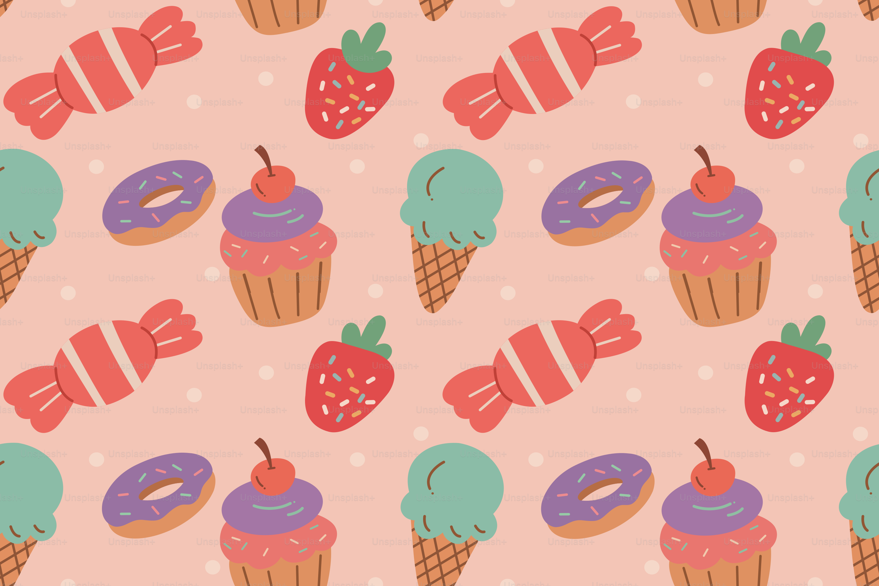 A sweet, colorful pattern with candy and treats.