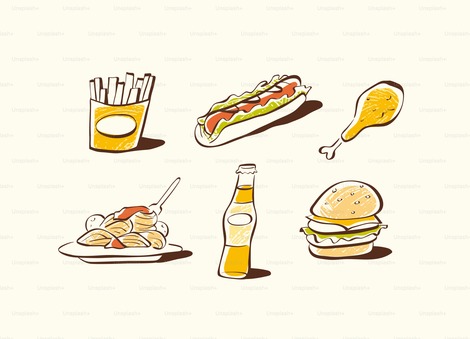 Various delicious fast food items are shown.