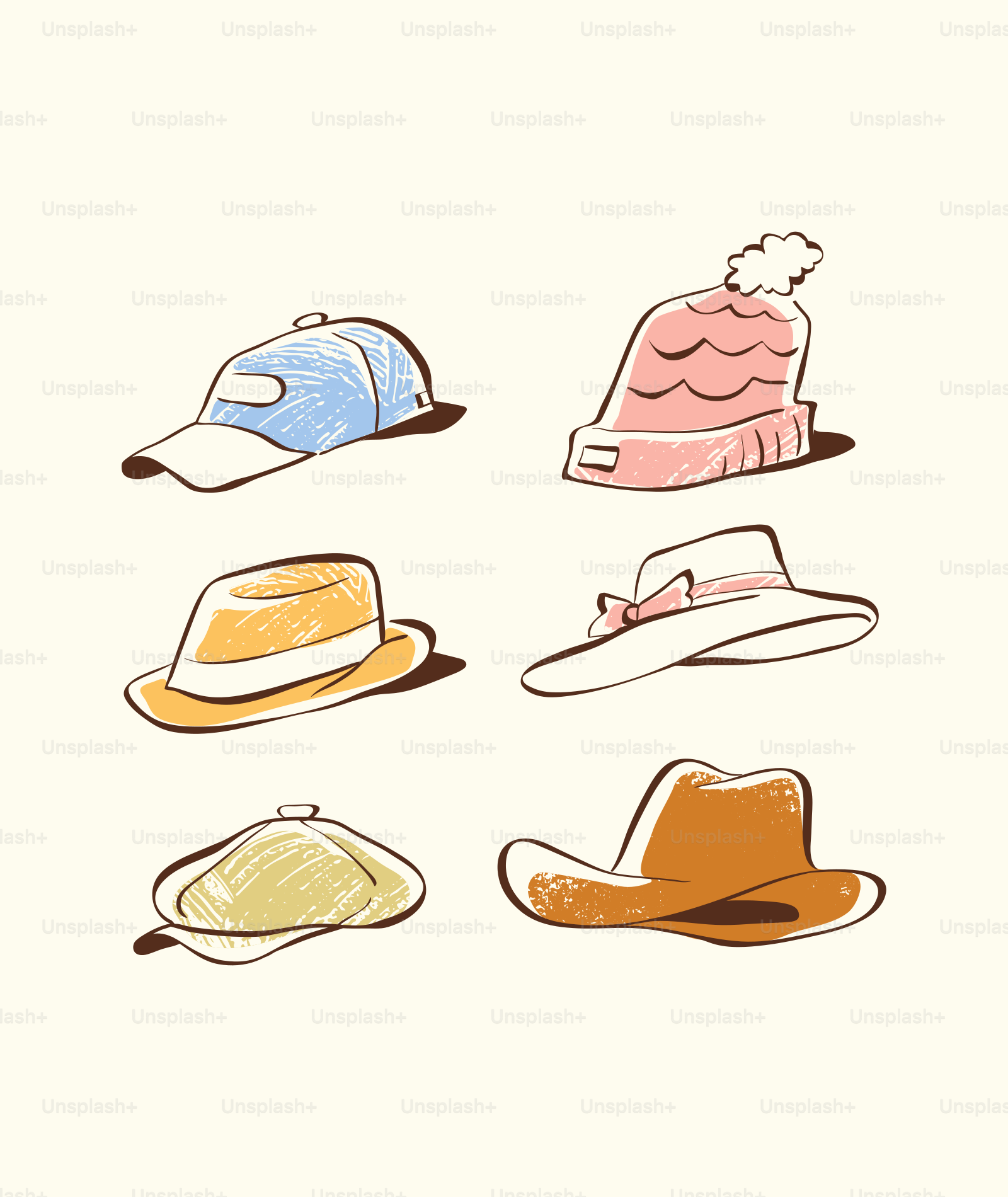 Voici une légende : six casquettes différentes sont affichées sur cette image.