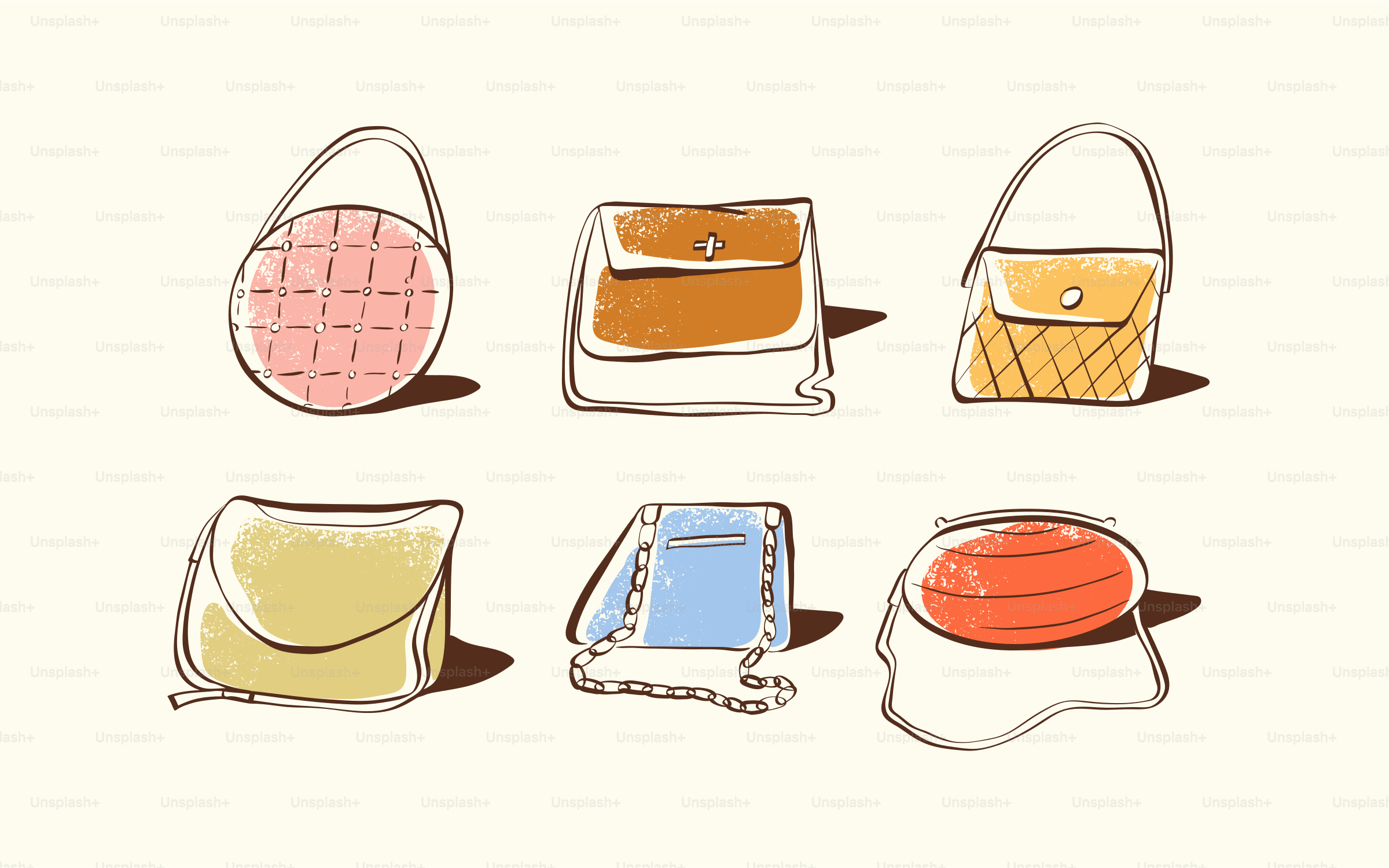 Here's a caption: hand-drawn illustrations of various stylish handbags.