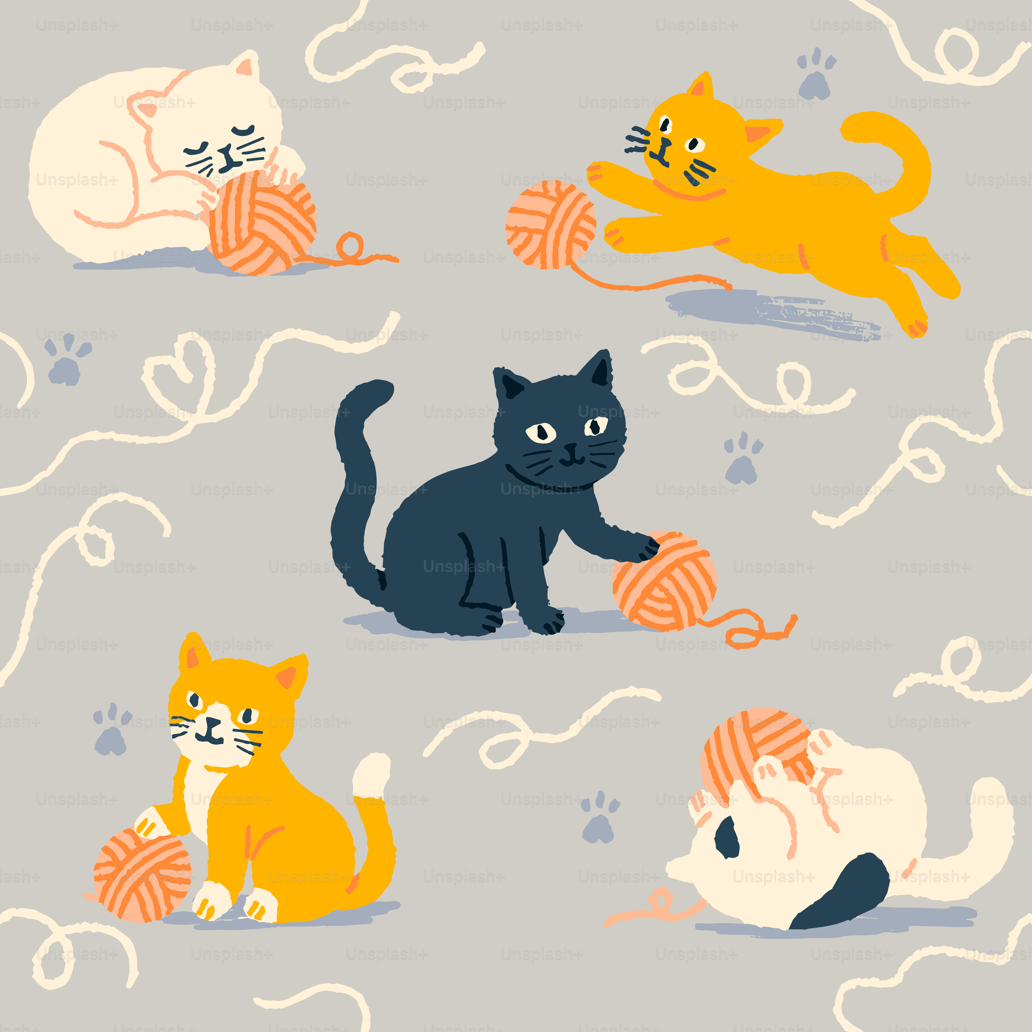 Playful cats are enjoying yarn balls.