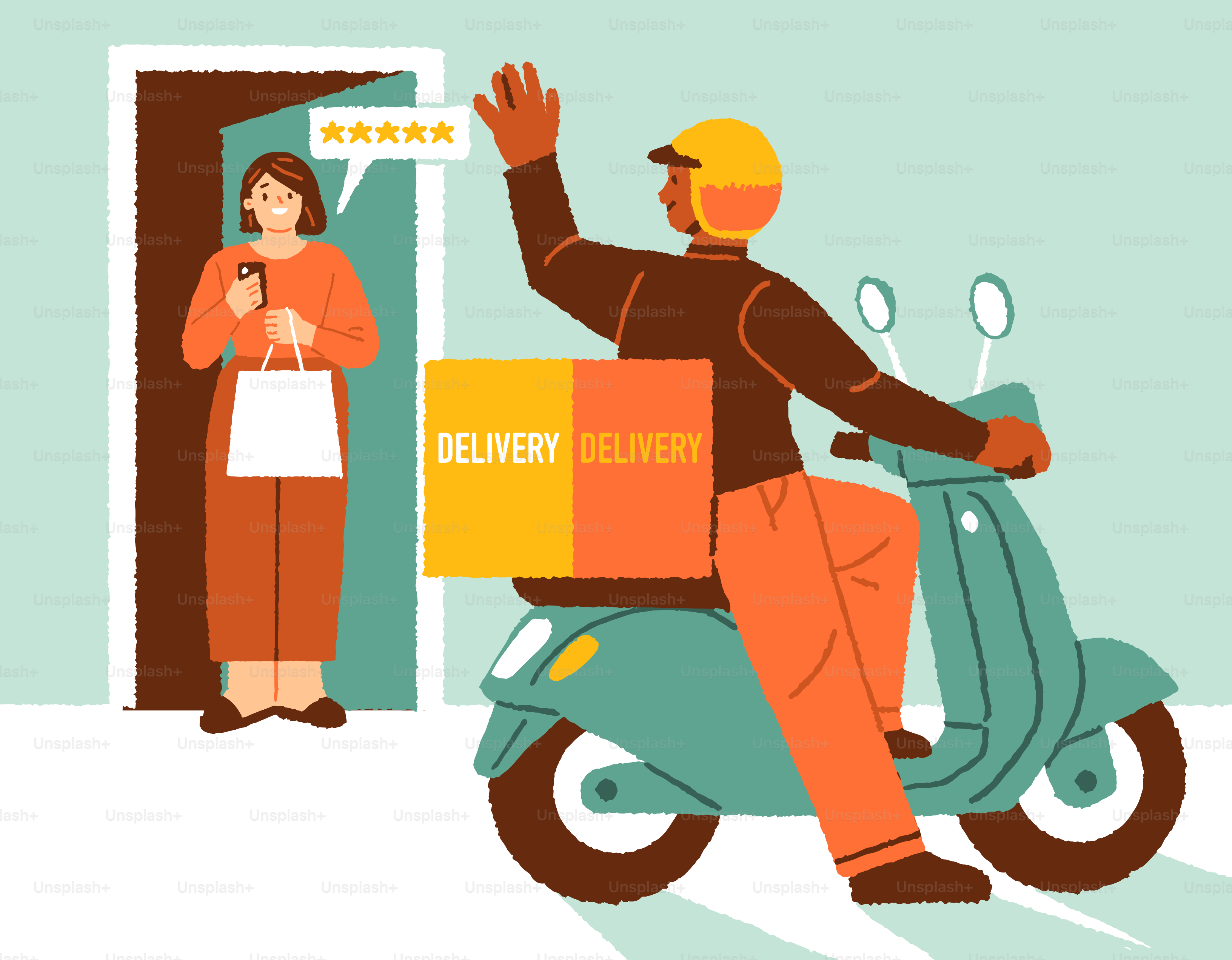 Um motorista de entrega se despede de um cliente satisfeito.