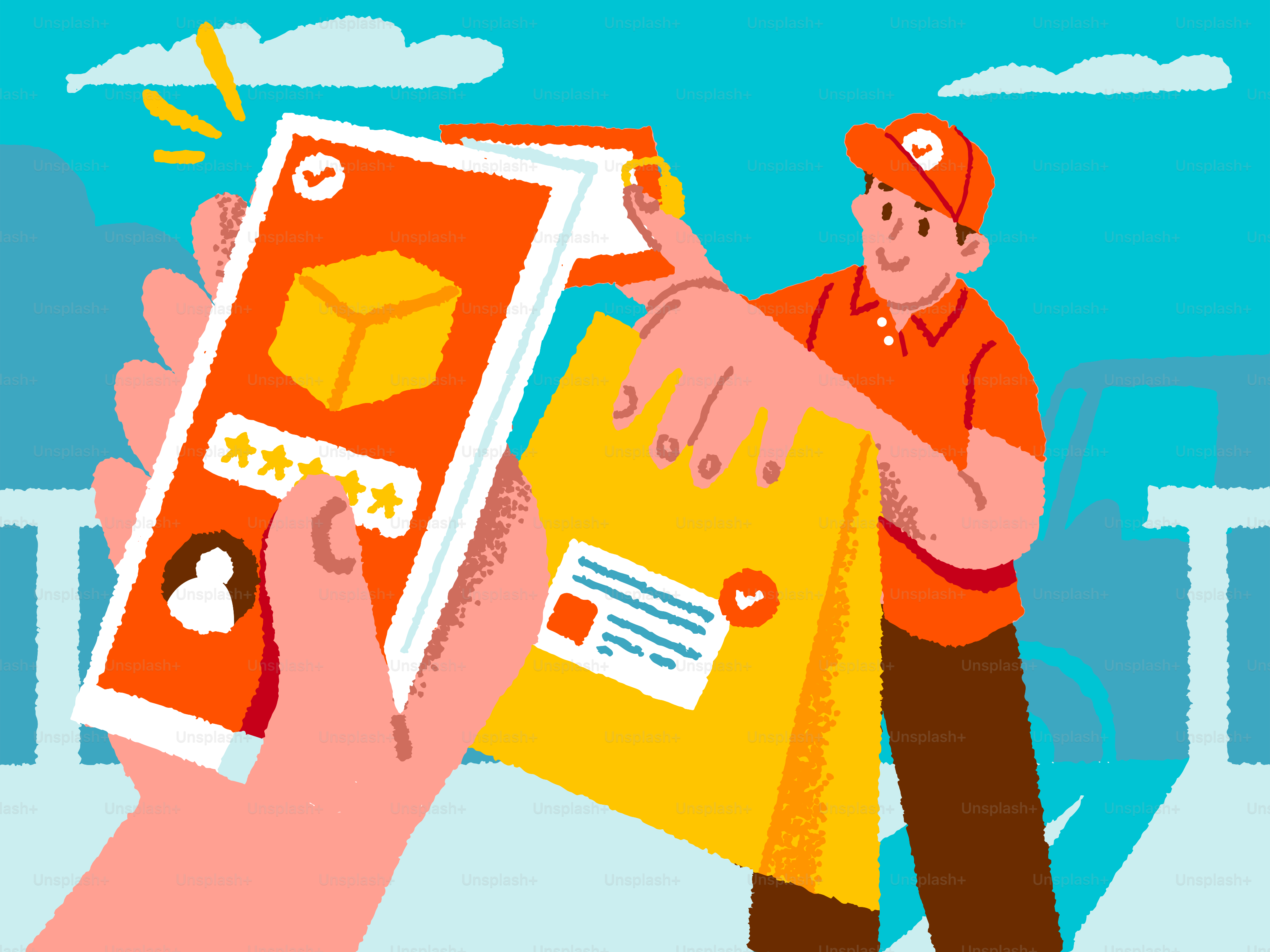 Delivery person hands over package after verification.