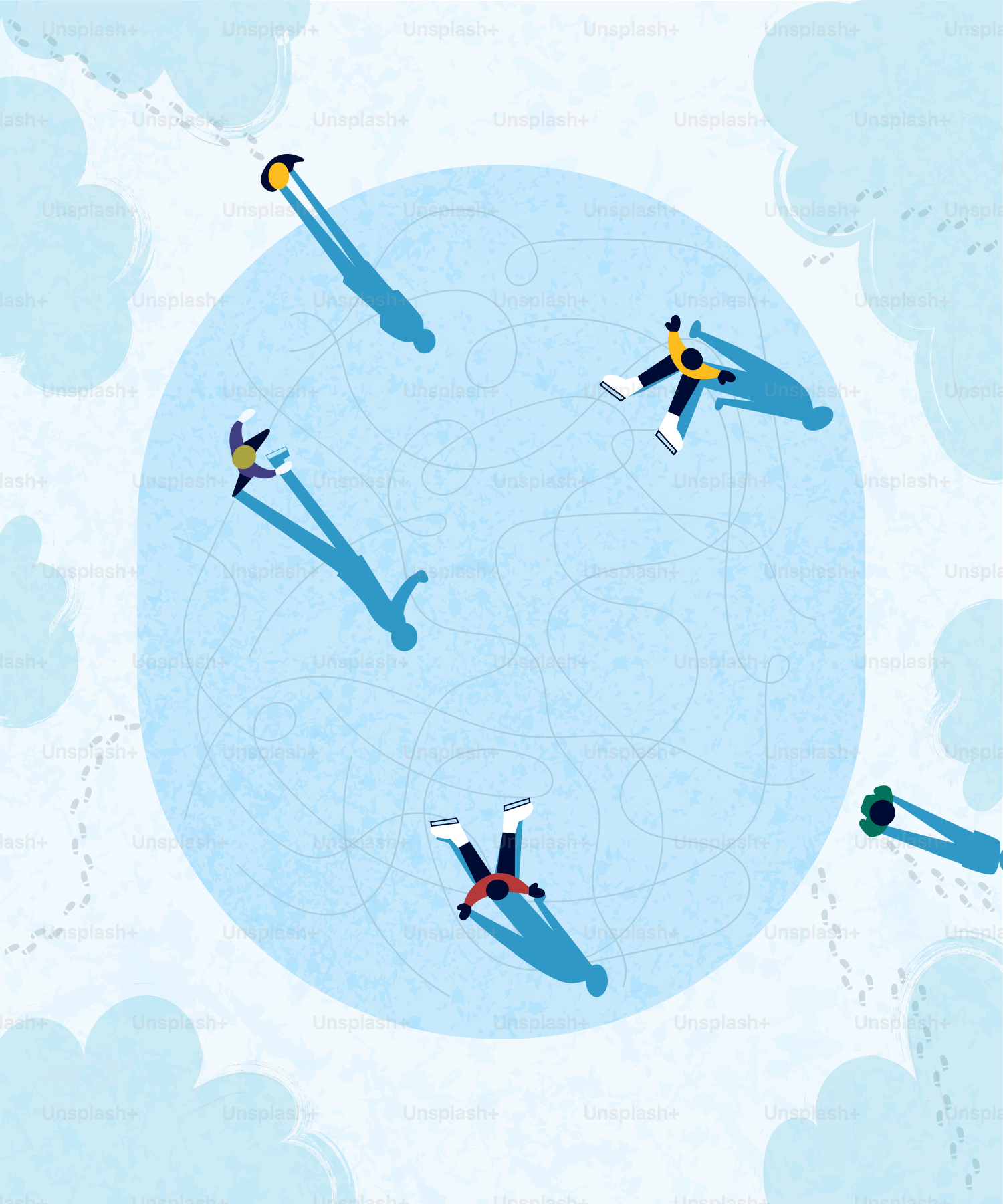 People are ice skating in the winter.