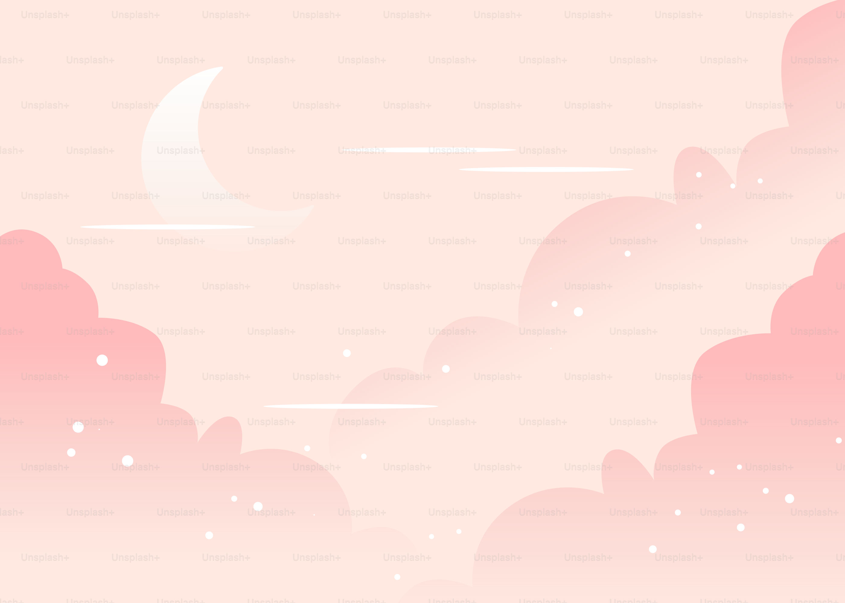 Nuvens rosas e uma lua crescente preenchem o céu.