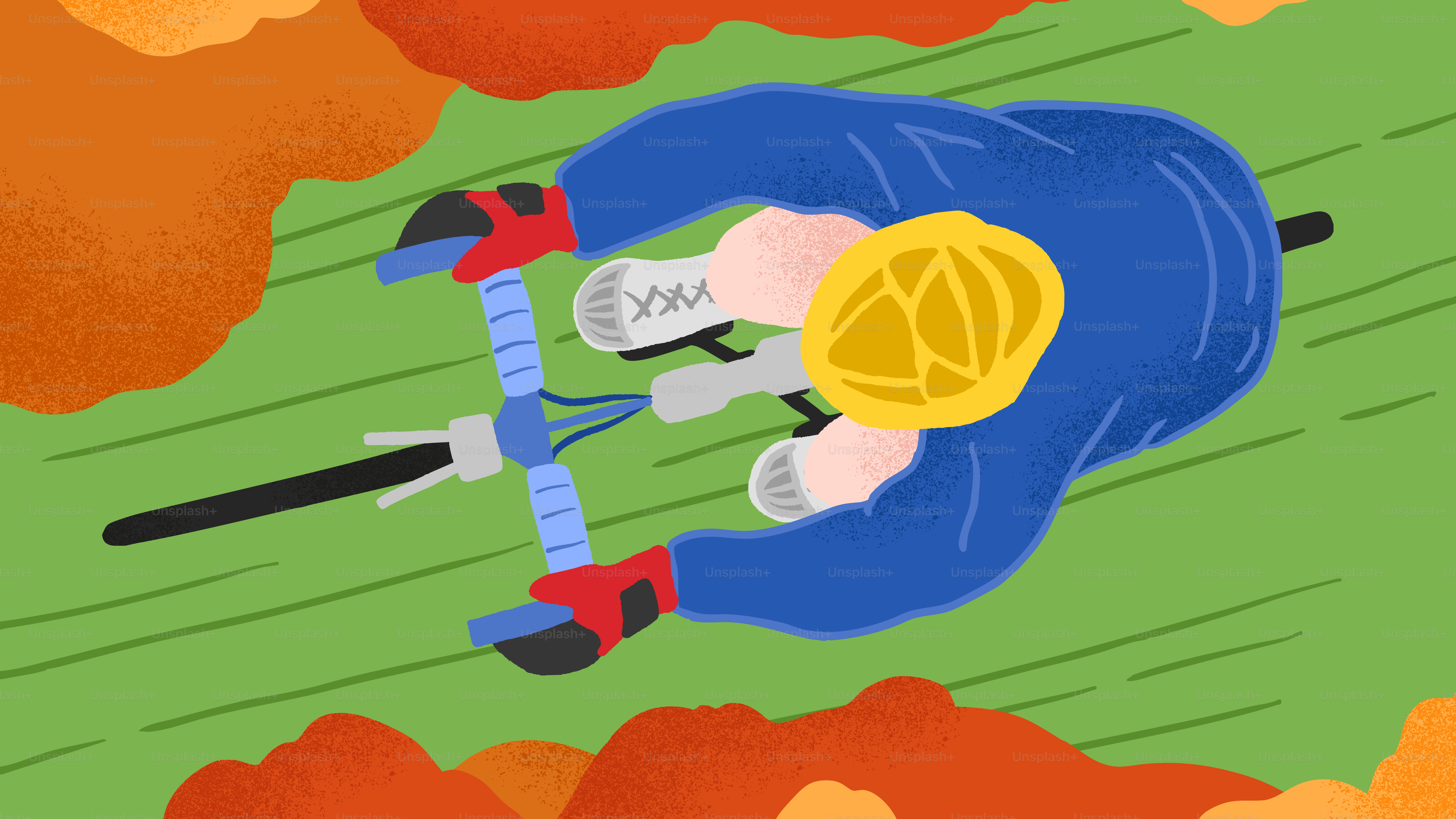 A person rides a bicycle on a green field.