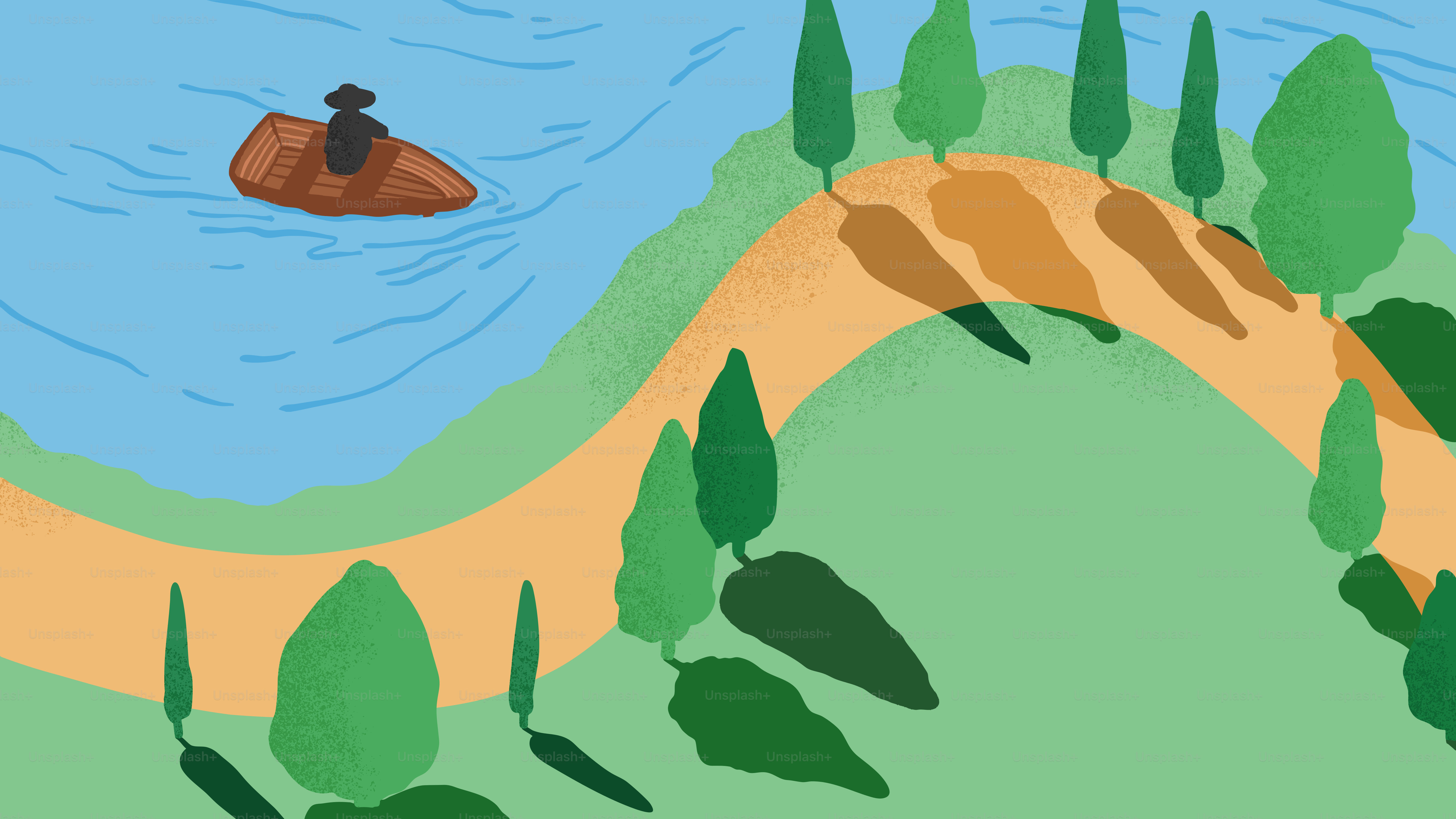 A boat sails near a path beside trees.