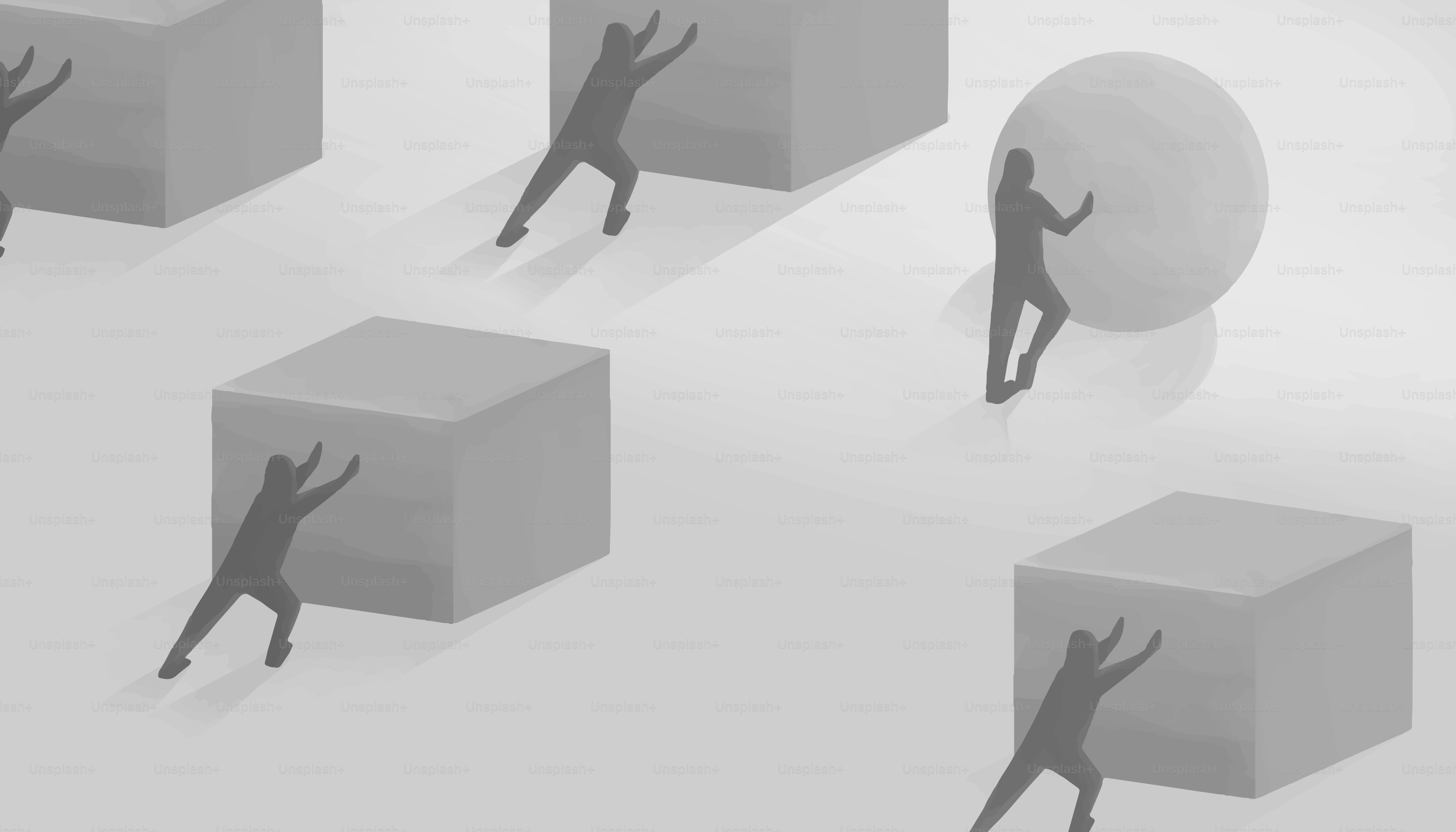 Leute schieben Würfel, während einer eine Kugel schiebt.