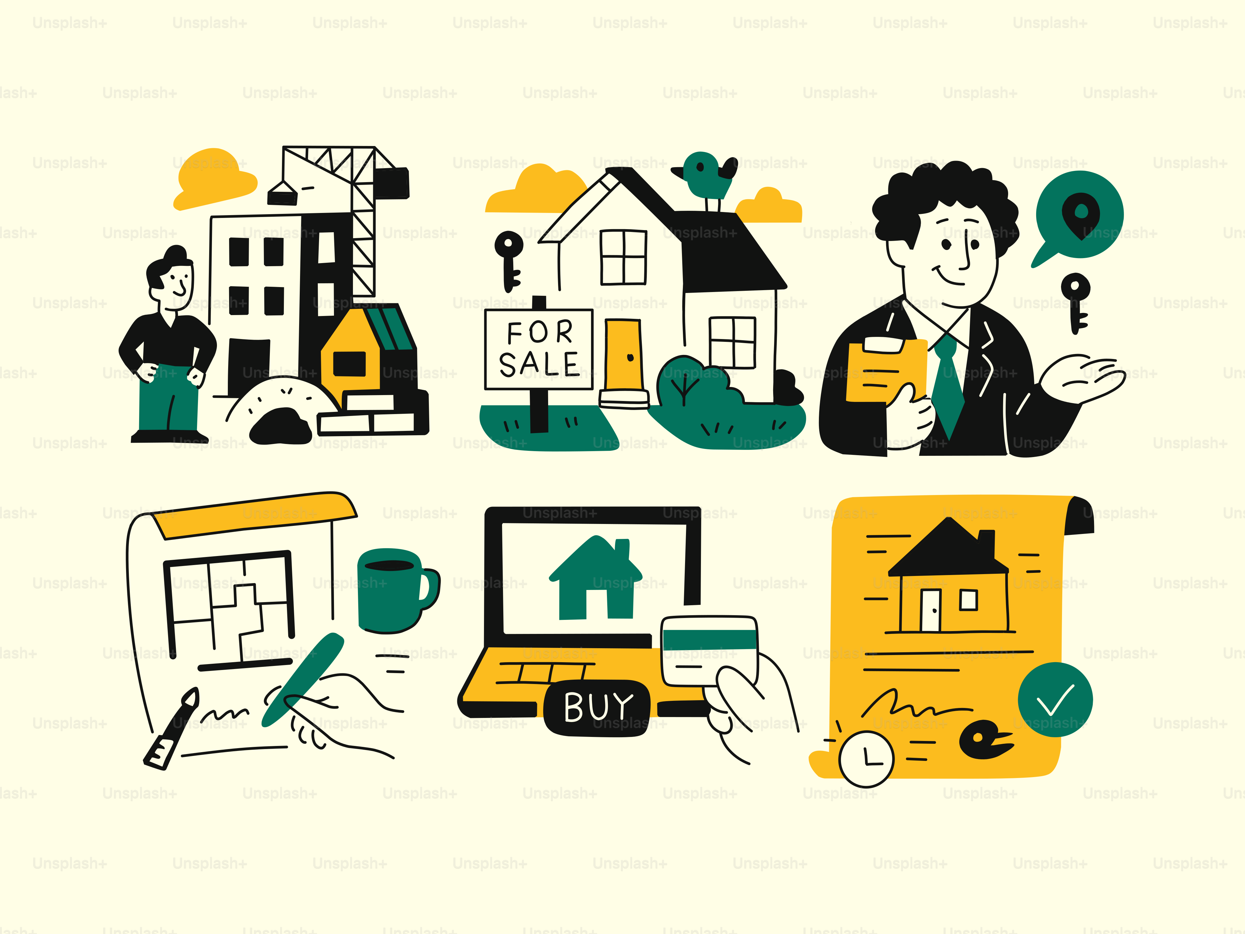Real estate process illustrations, from building to buying.
