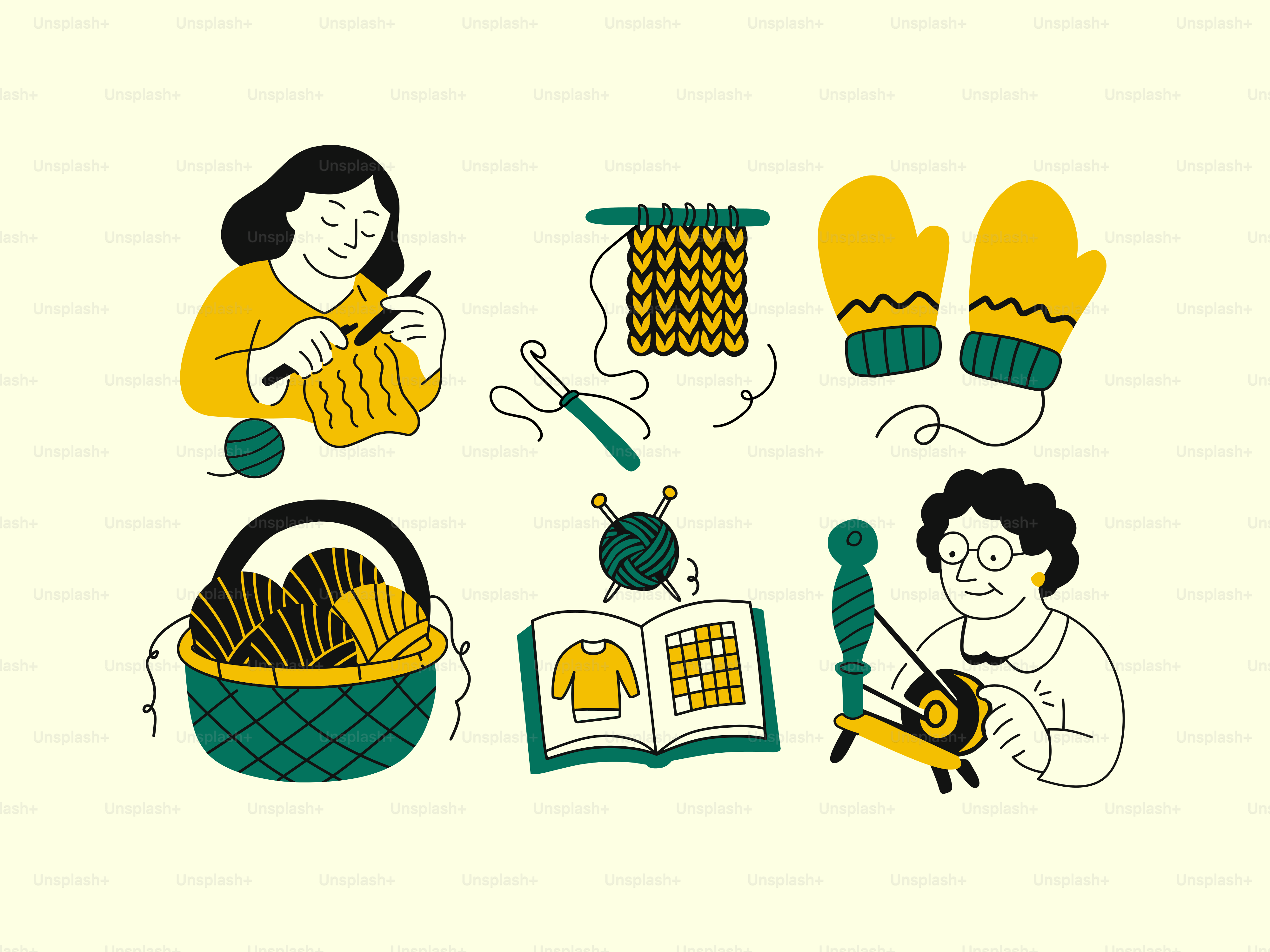 People are knitting, crocheting, and making mittens.