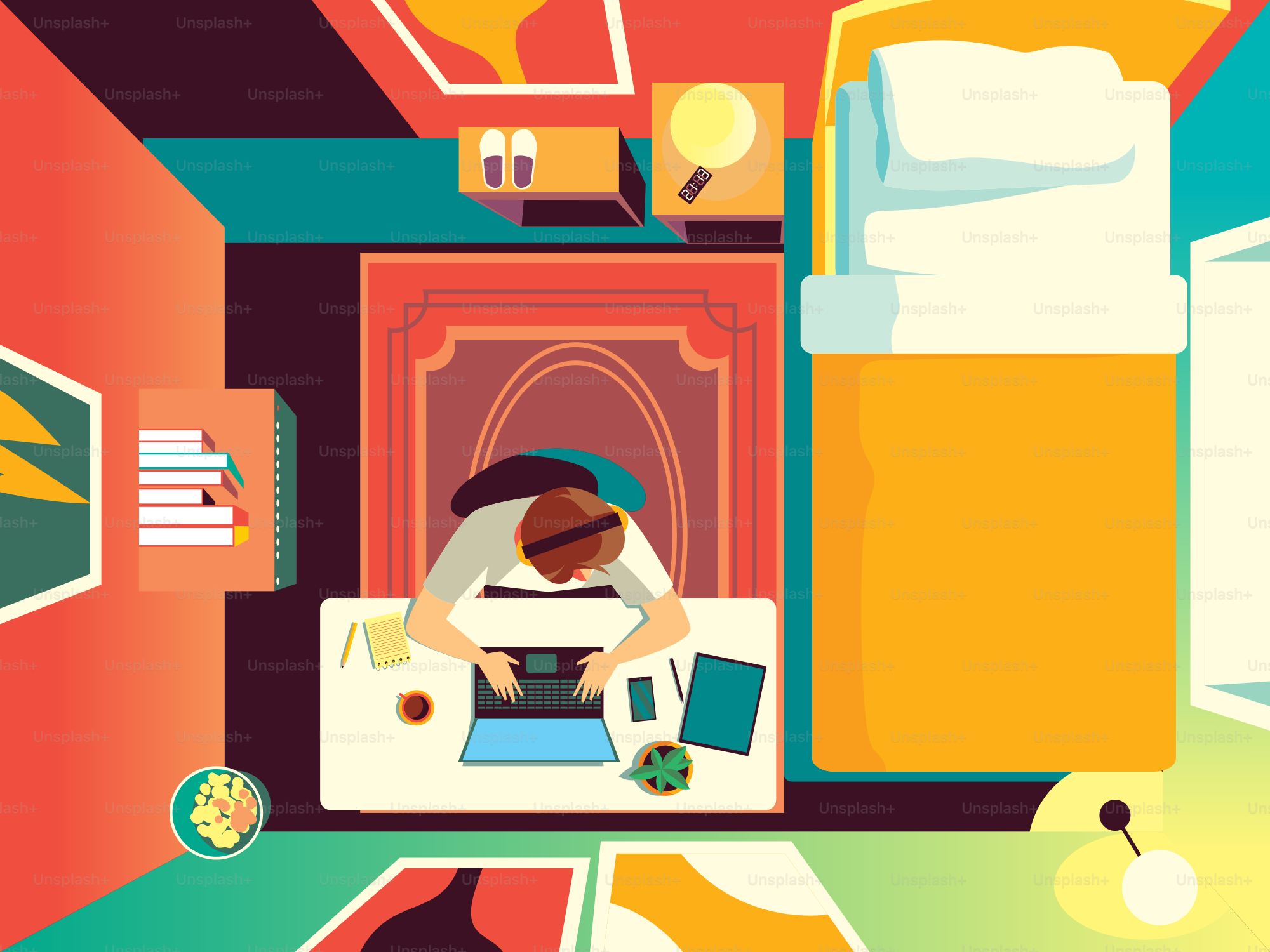 A person works at a desk in a colorful room.