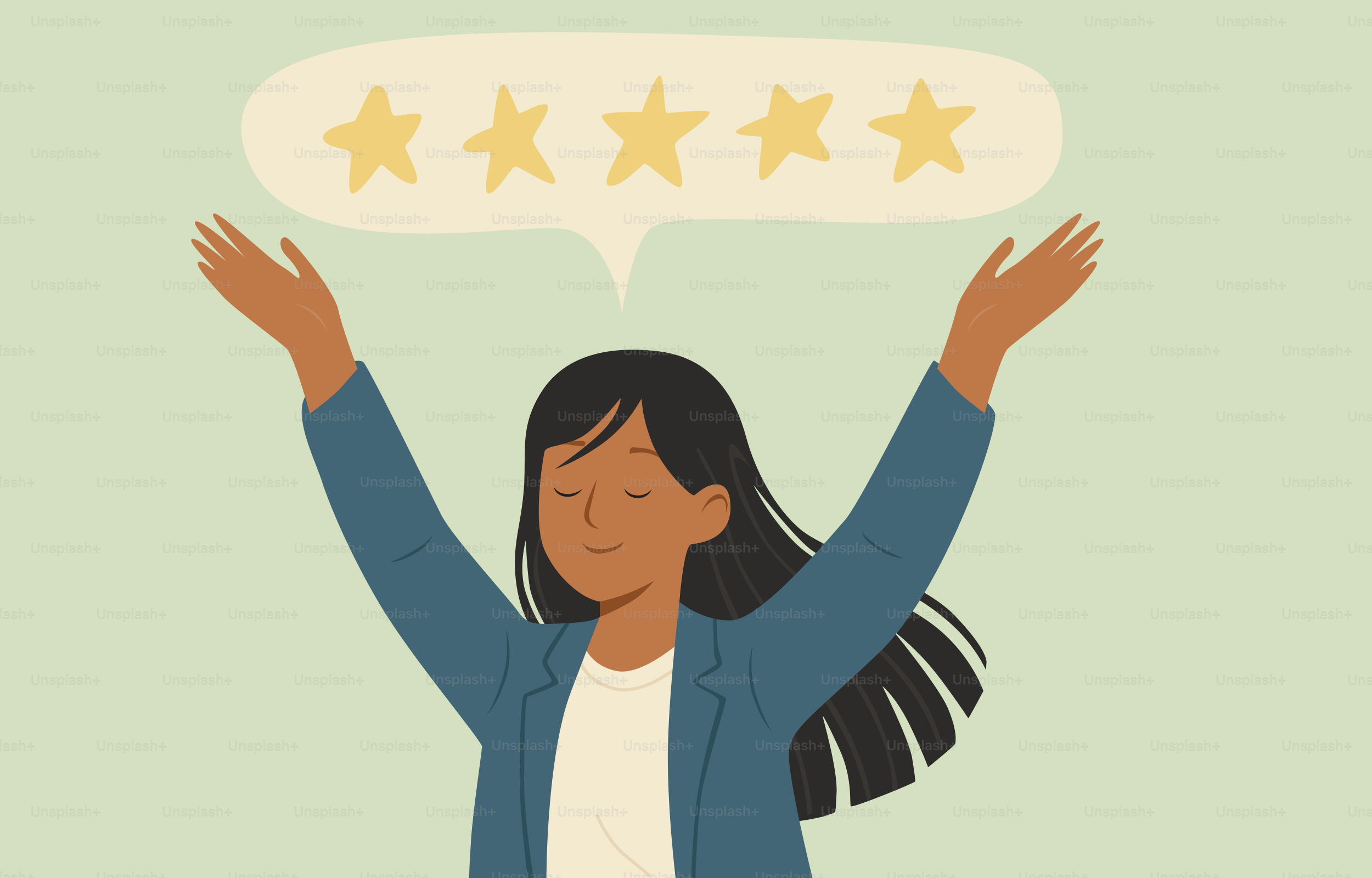 Una mujer está contenta con una valoración de cinco estrellas.