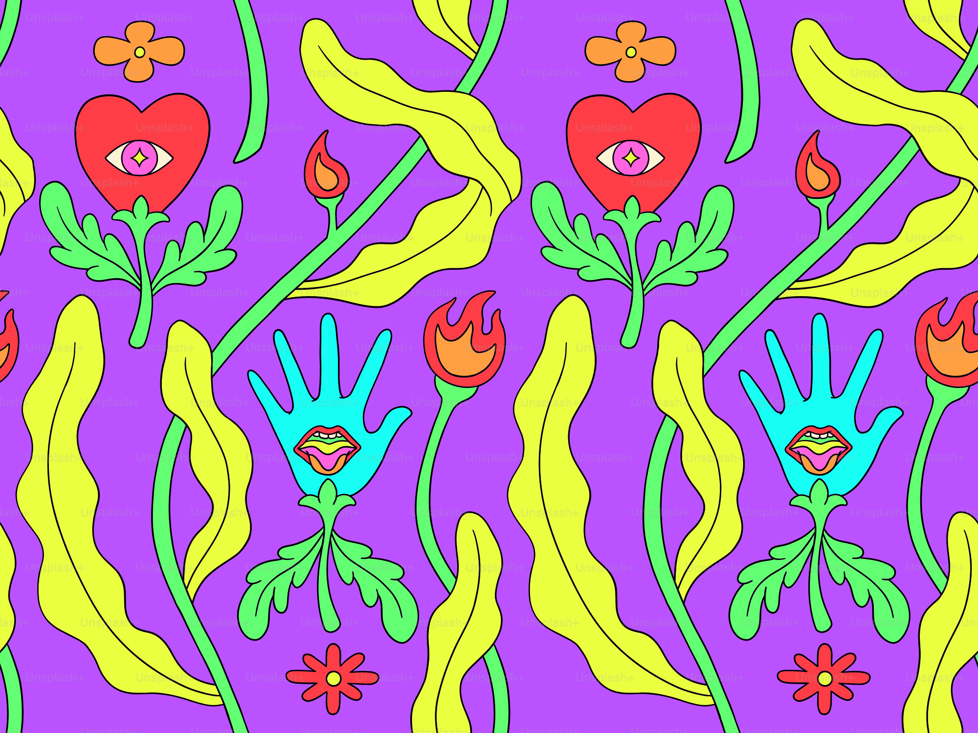 Motif psychédélique coloré avec des fleurs, des cœurs et des mains.