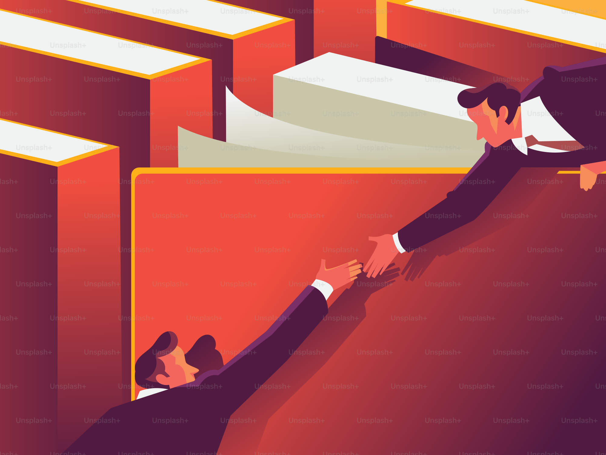 Businessmen are helping each other in a large file.