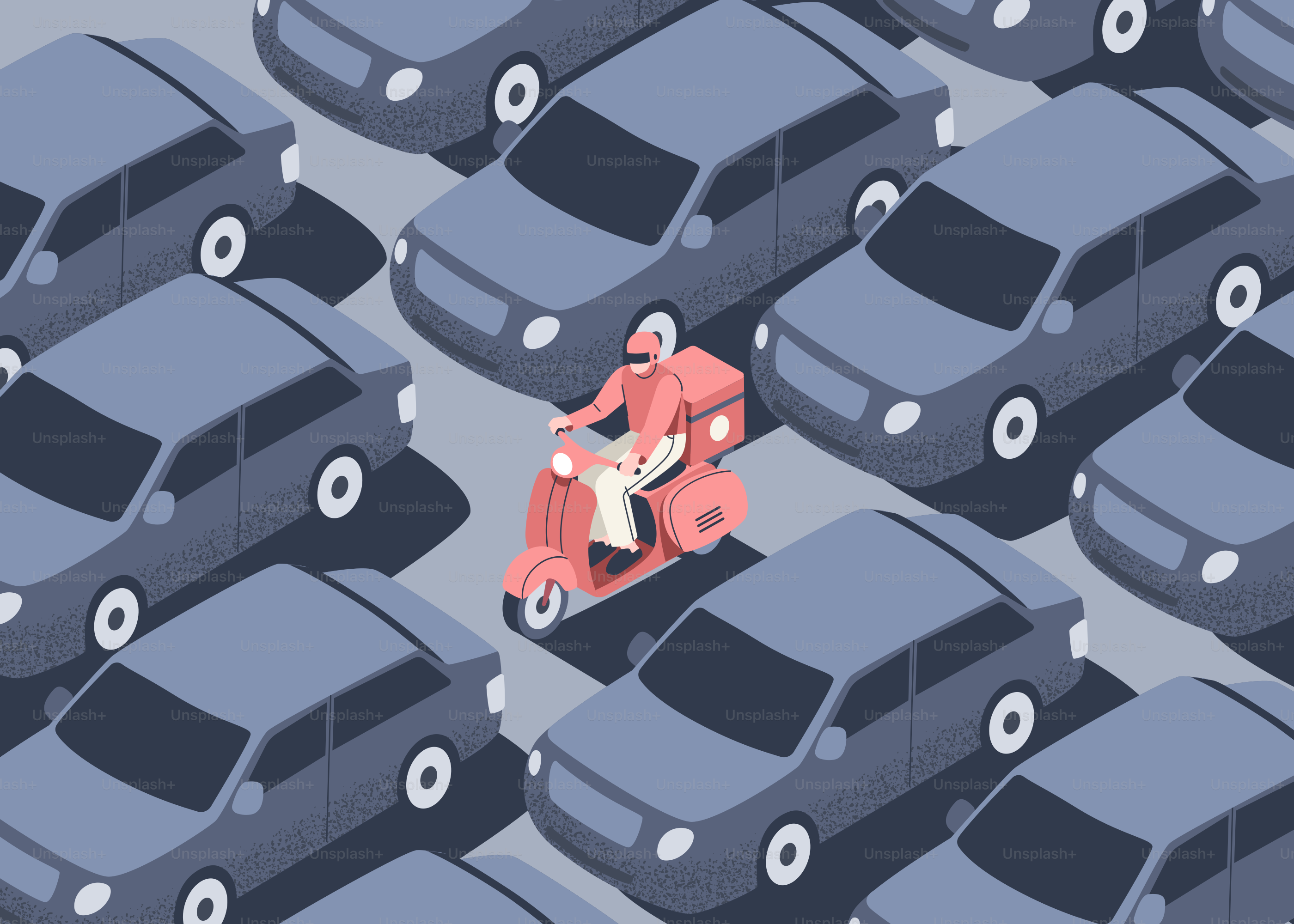 Delivery person navigates traffic on a scooter.