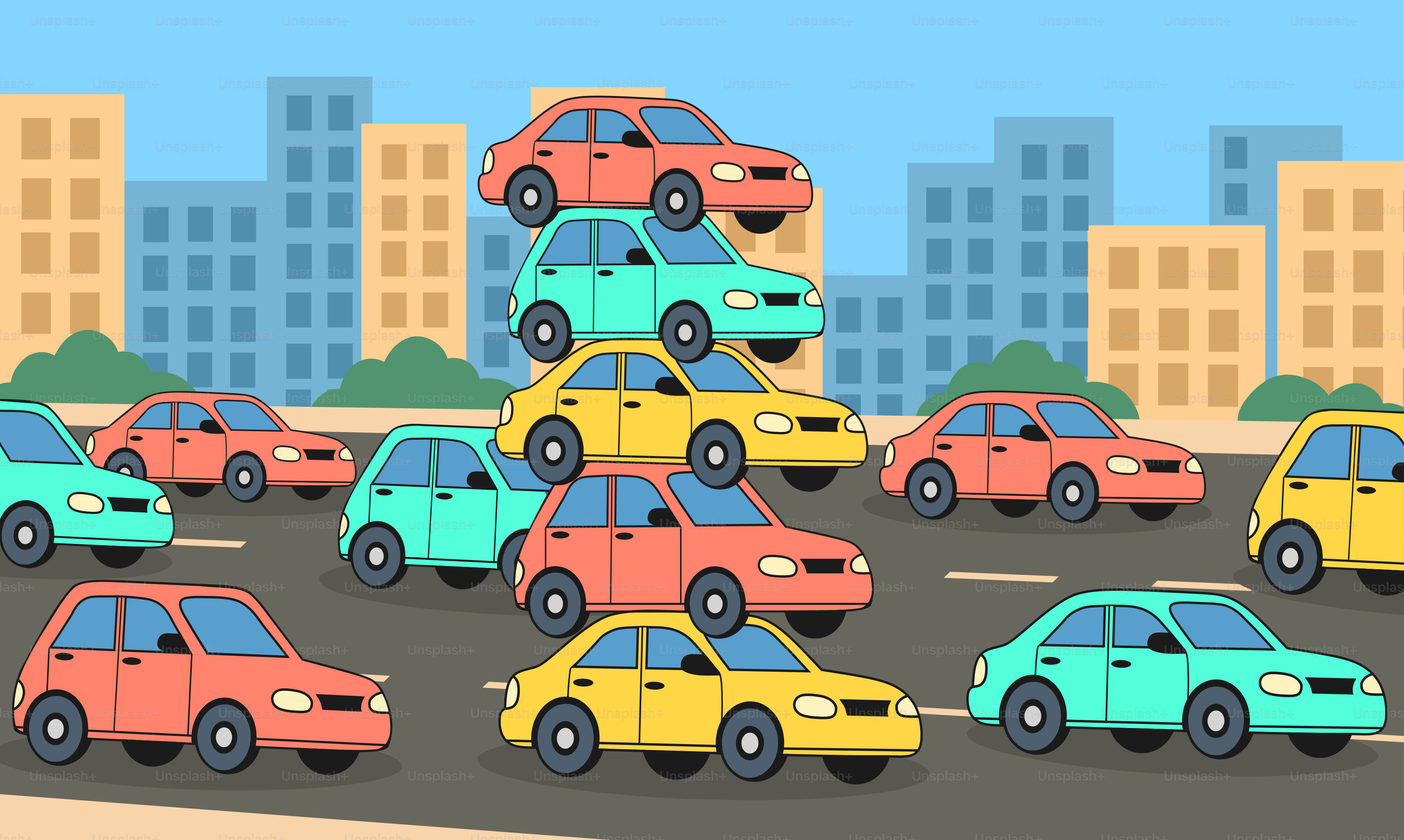 Cars are crowded on a road in the city.