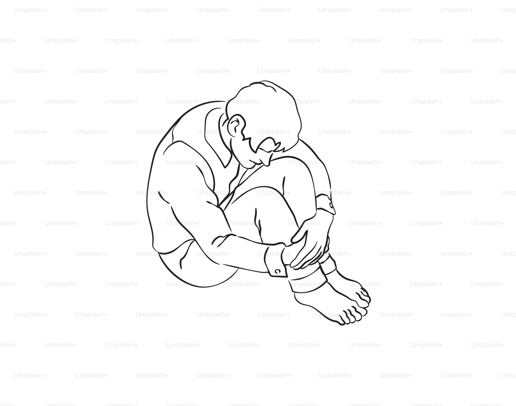 A person sits in a fetal position.