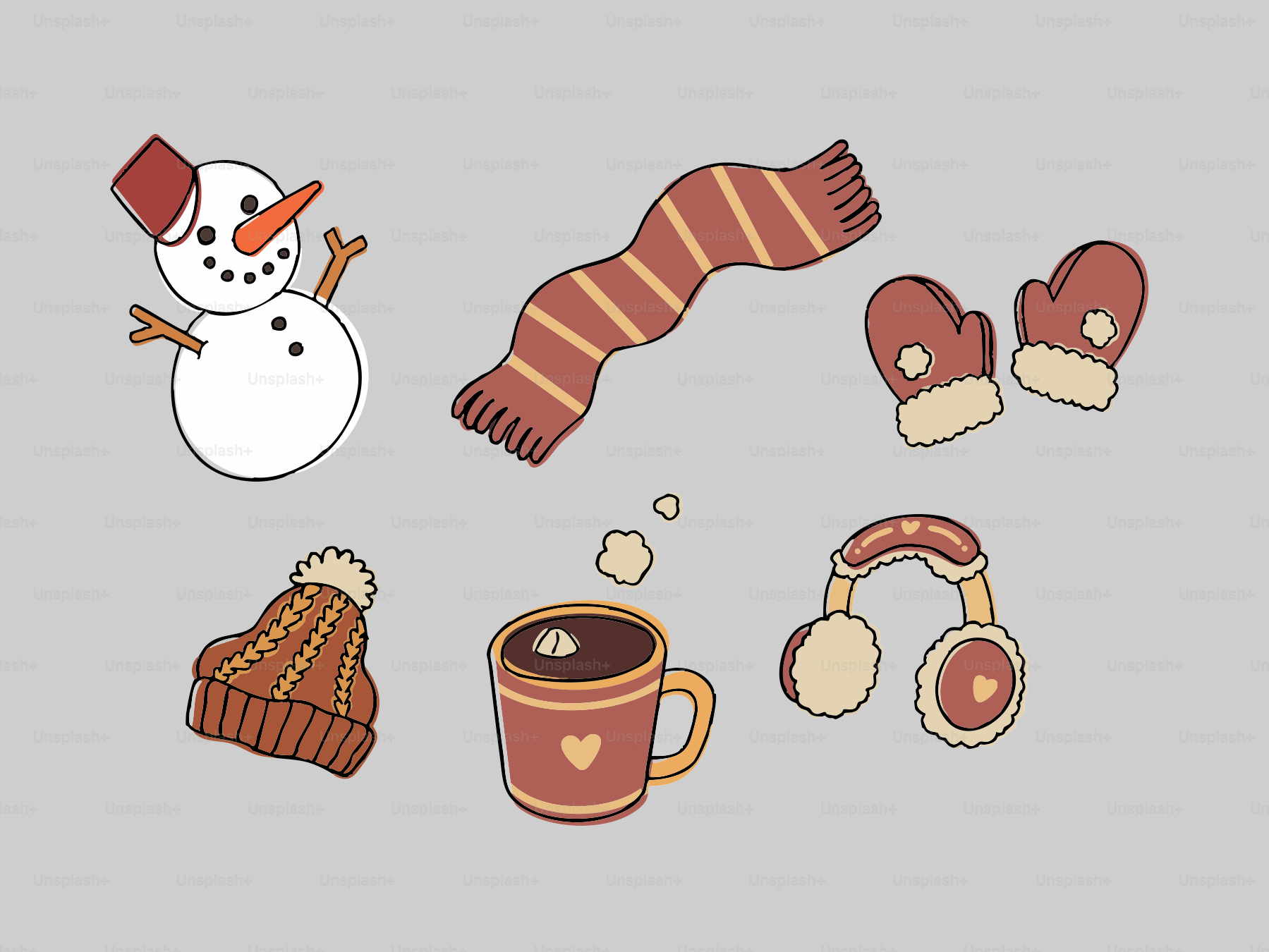 Winter-Essentials, darunter ein Schneemann und heiße Schokolade.