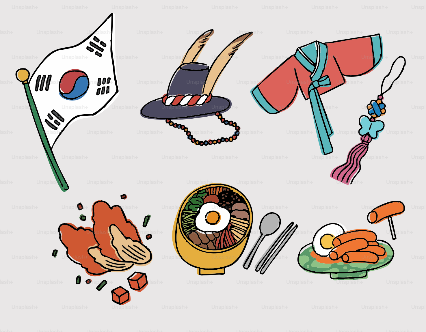 Korean culture and food icons displayed.