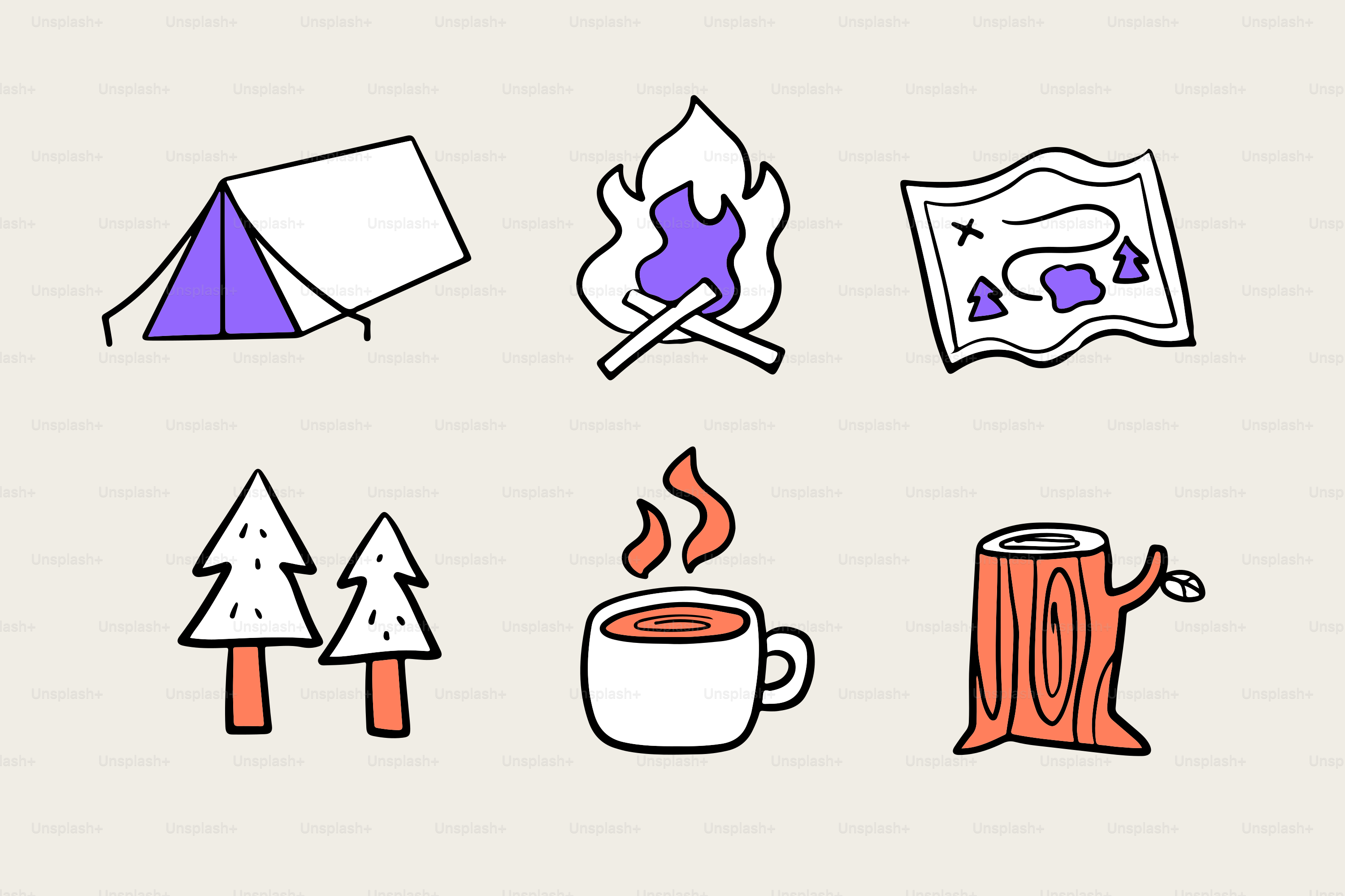Camping-Symbole sind auf einem hellen Hintergrund abgebildet.