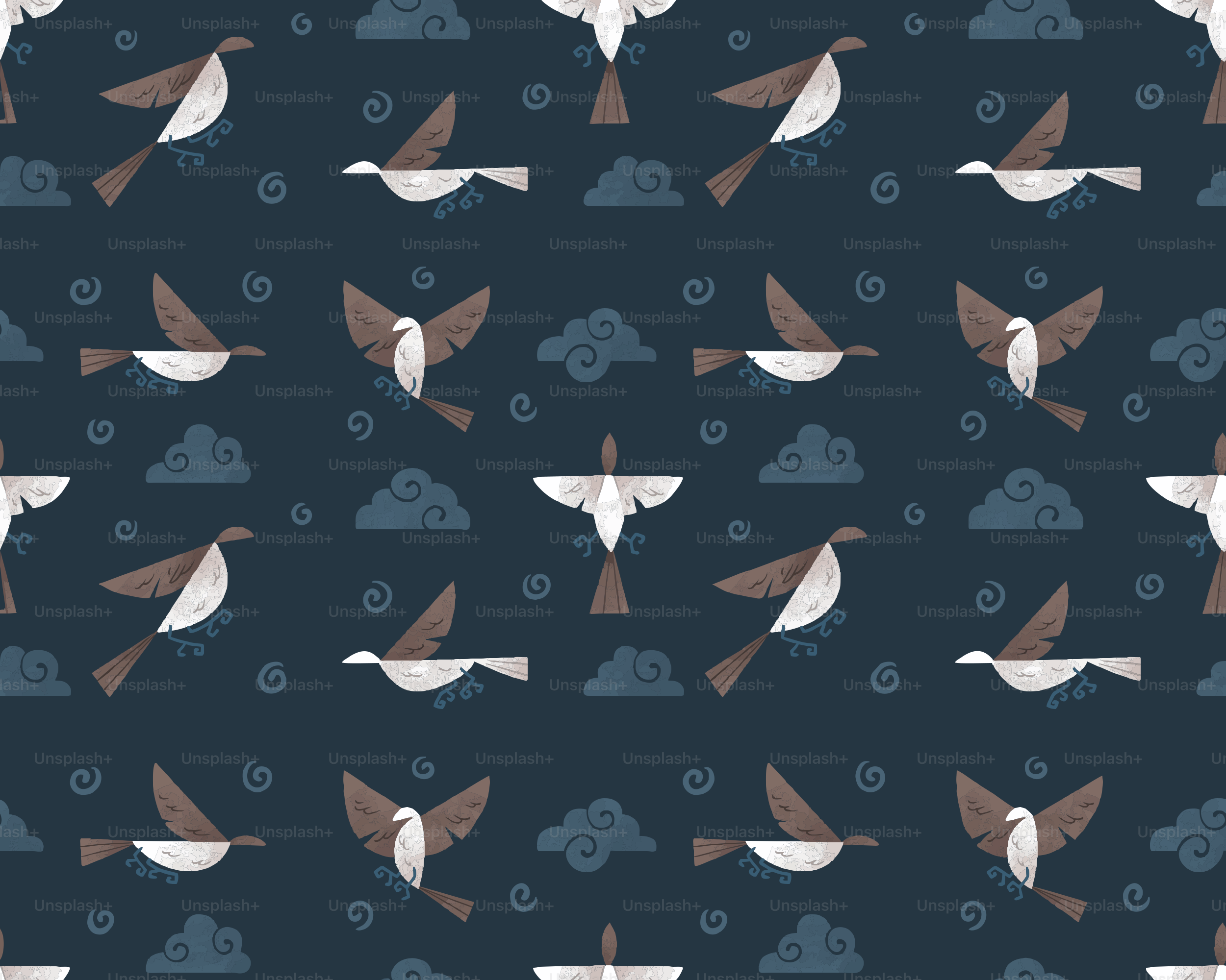 Repeating pattern of birds and clouds in the sky.