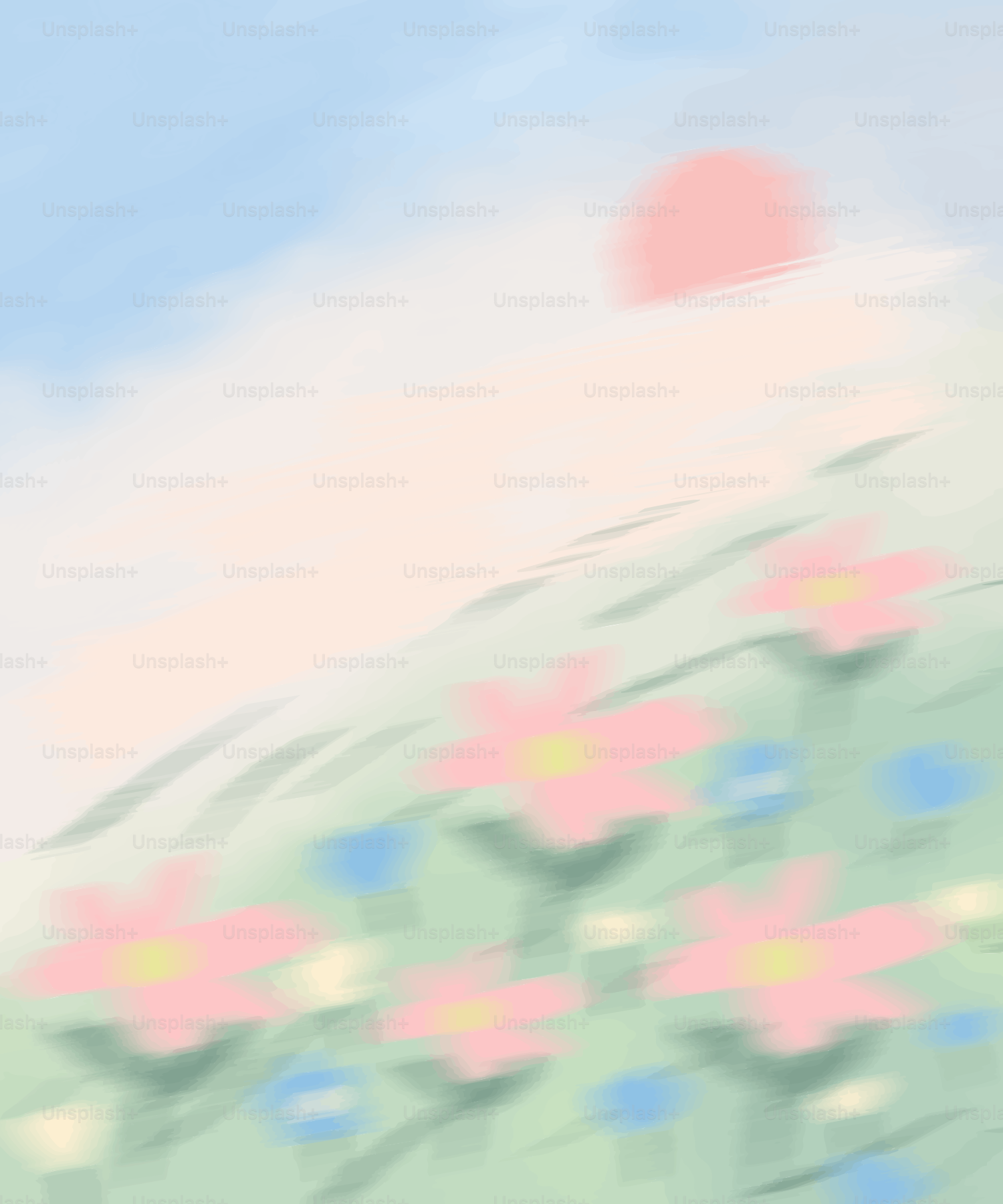 Pink flowers bloom under a pastel sunset.