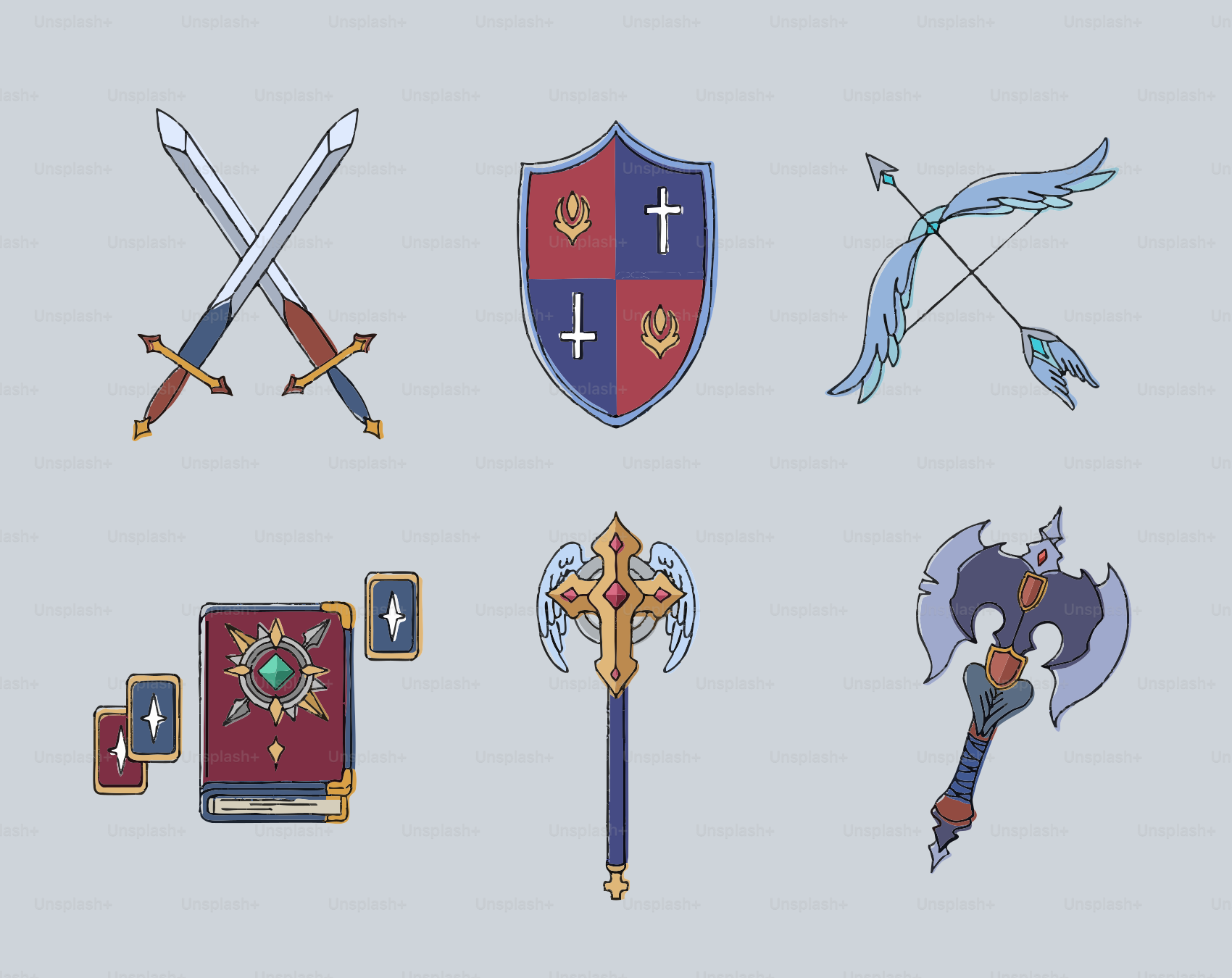 Assorted fantasy weaponry and accessories are displayed.