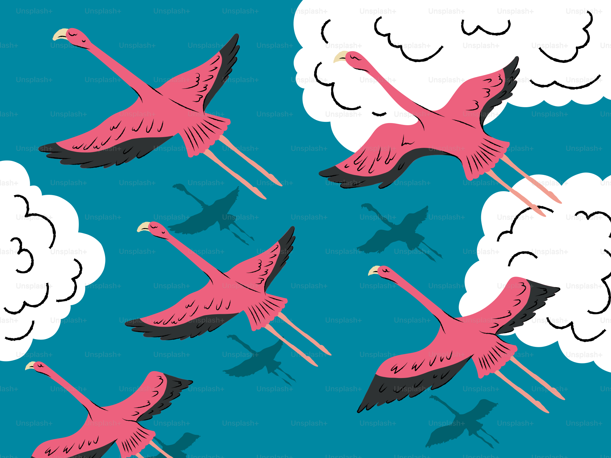 Flamingos are flying through the sky.
