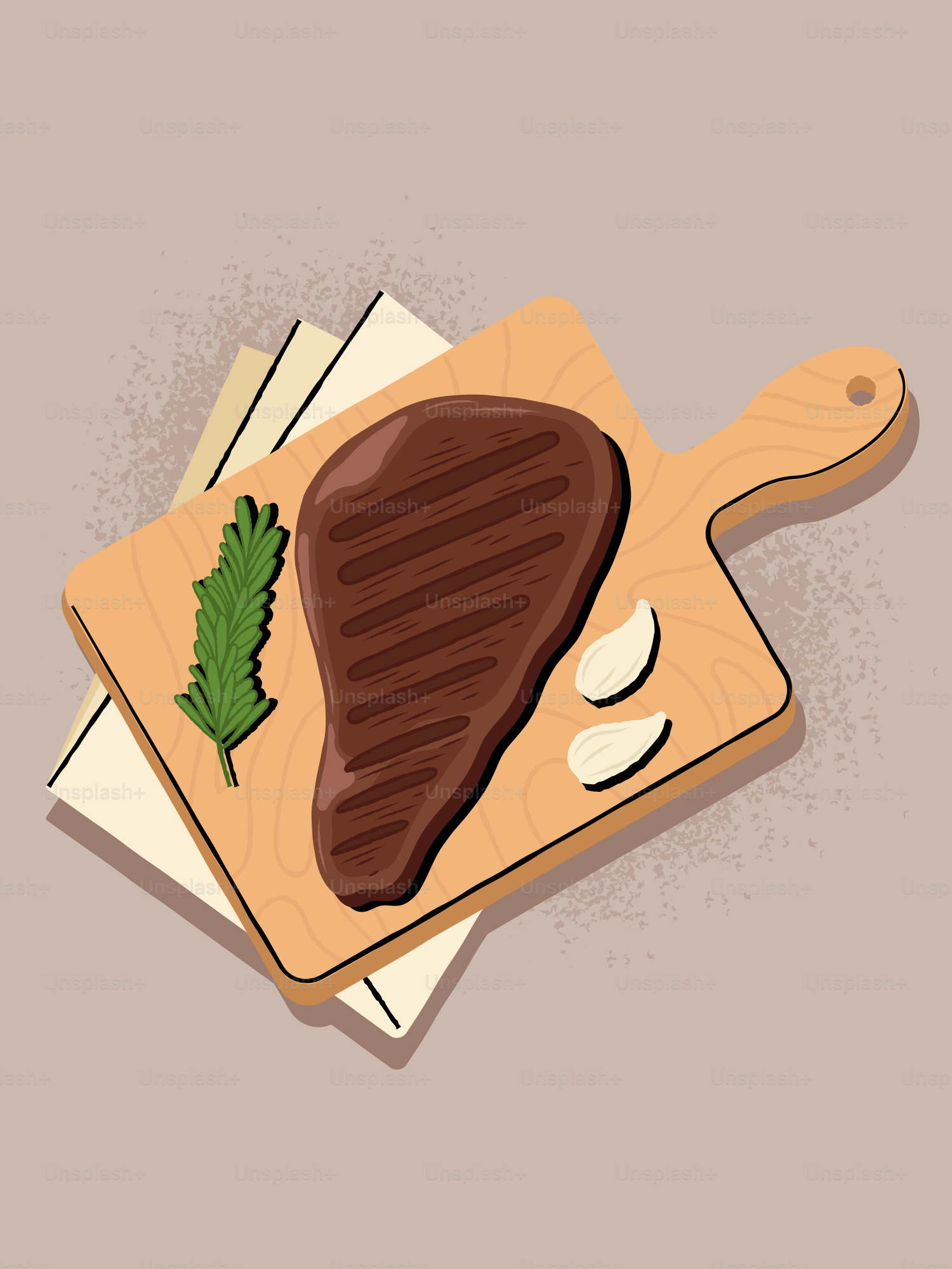 A grilled steak with rosemary and garlic.