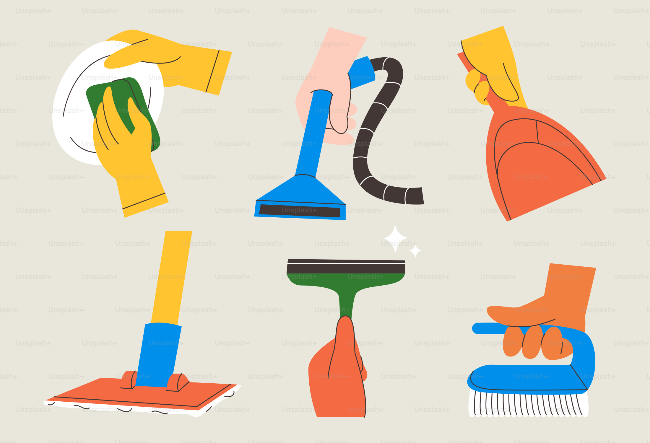 Various cleaning supplies are being held by hands.