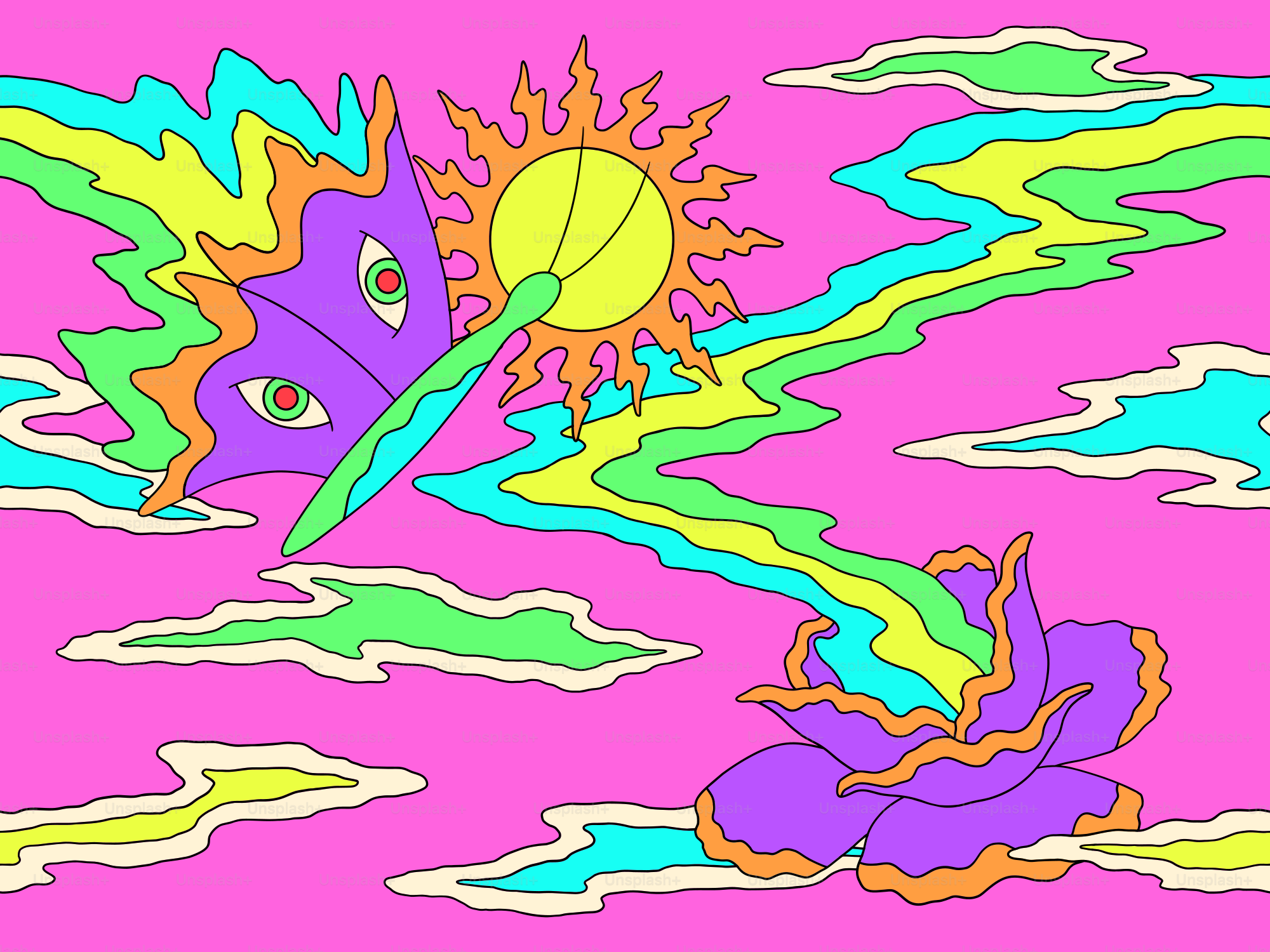 Psychedelic art features the sun, eyes, and a flower. vector – Flower Image  on Unsplash, image size:3000x2250