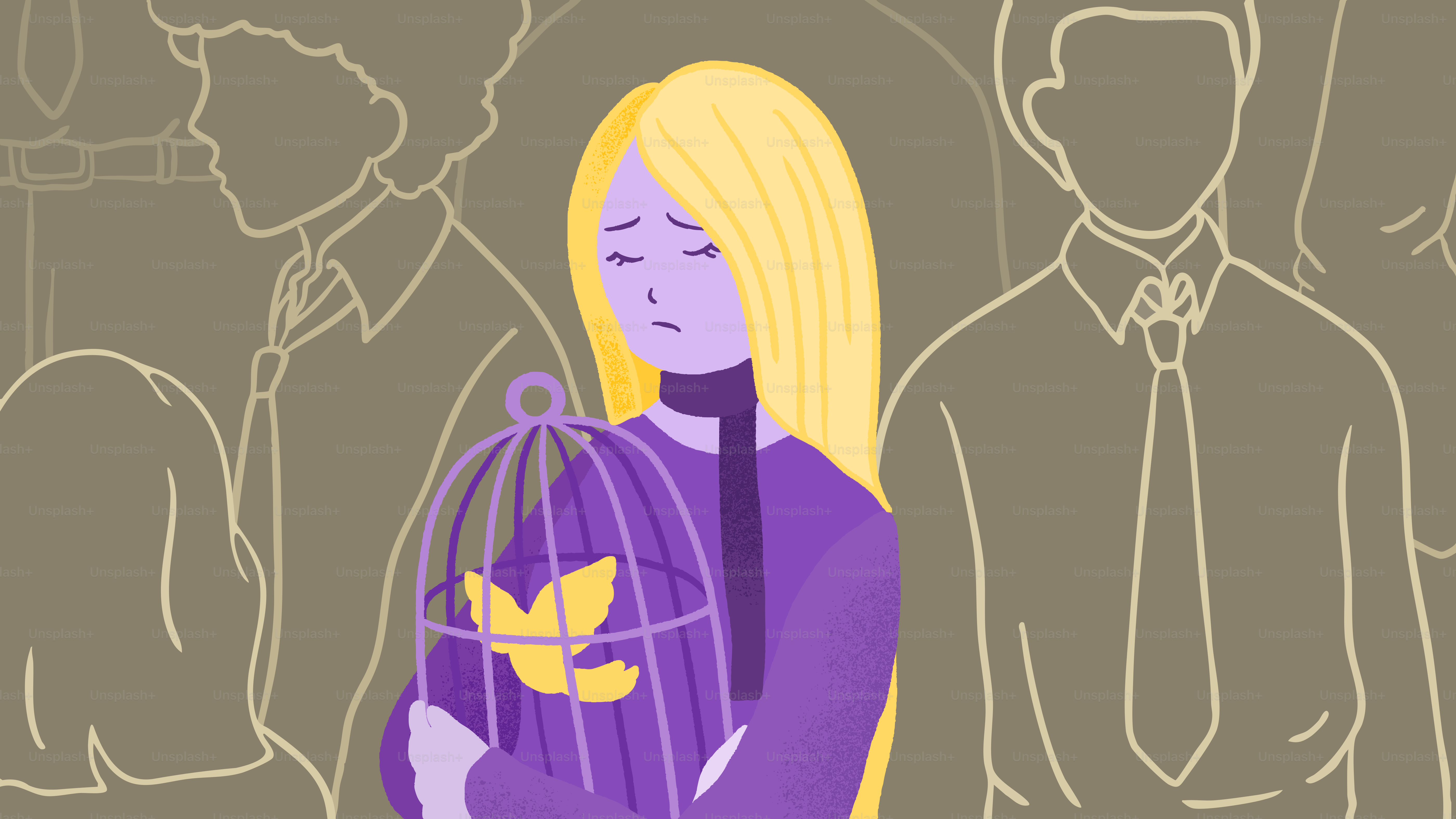 A sad woman holds a birdcage with a butterfly.