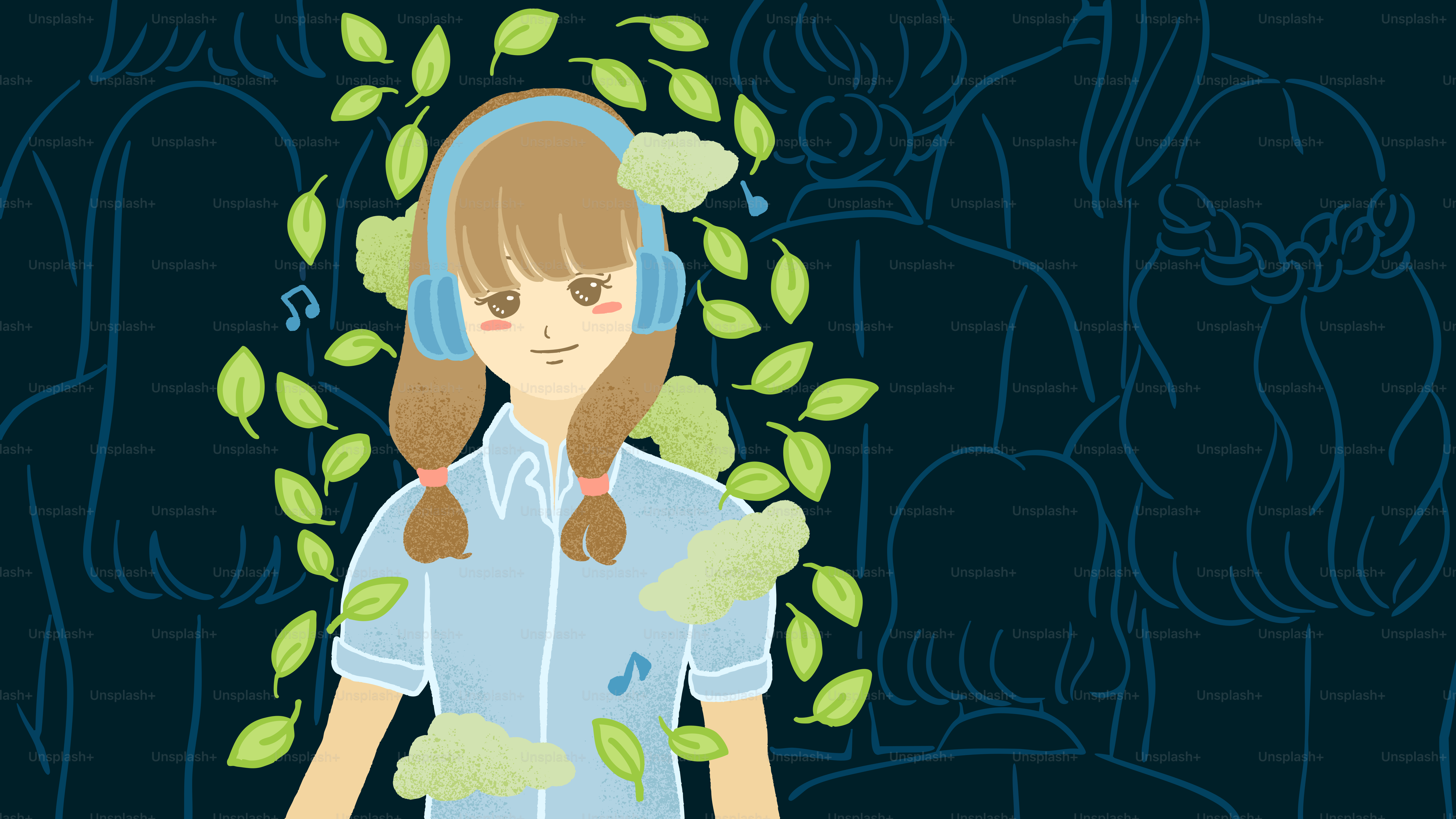 Girl enjoying music while surrounded by leaves.