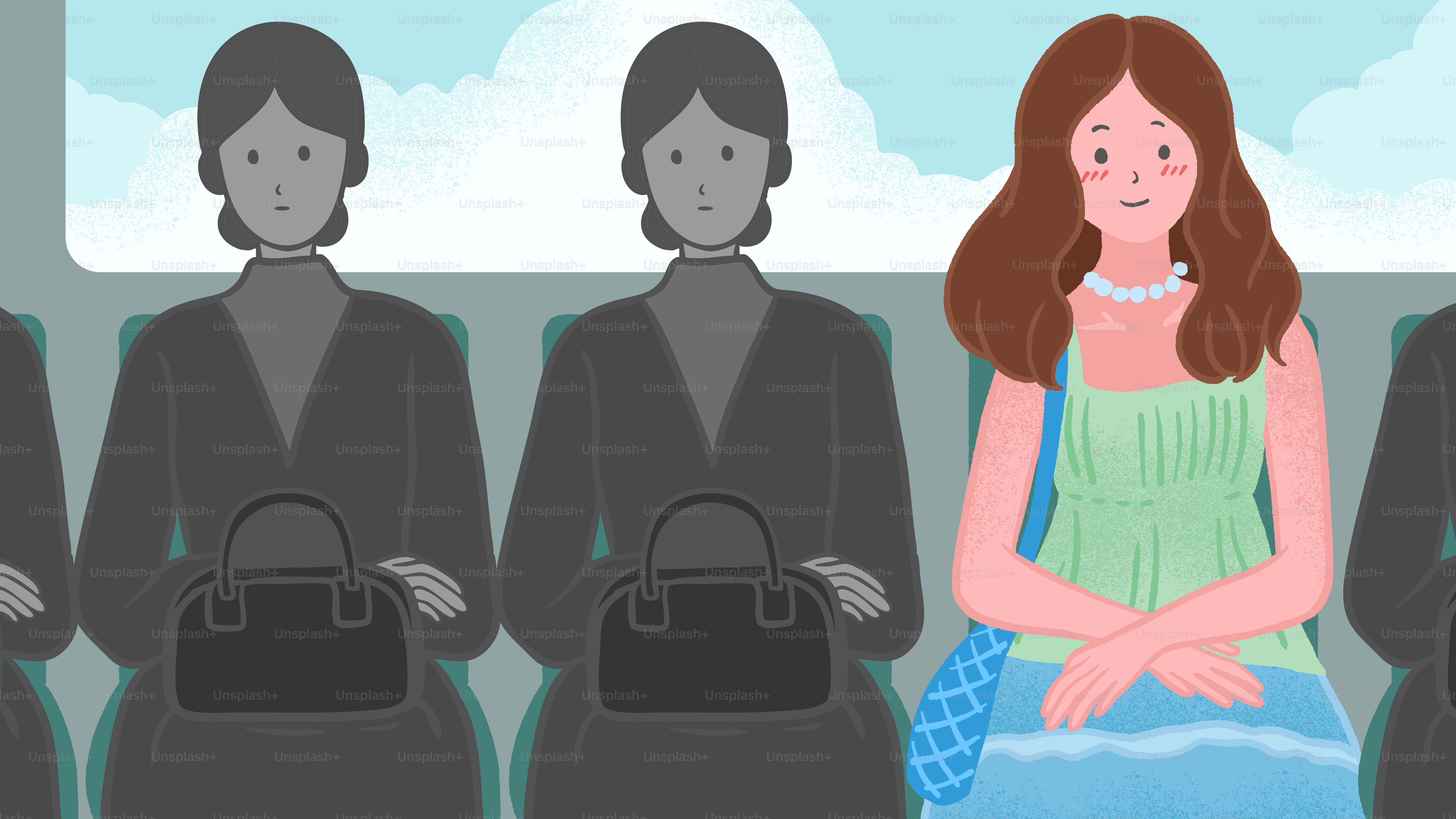 A colorful woman stands out amongst the grey.