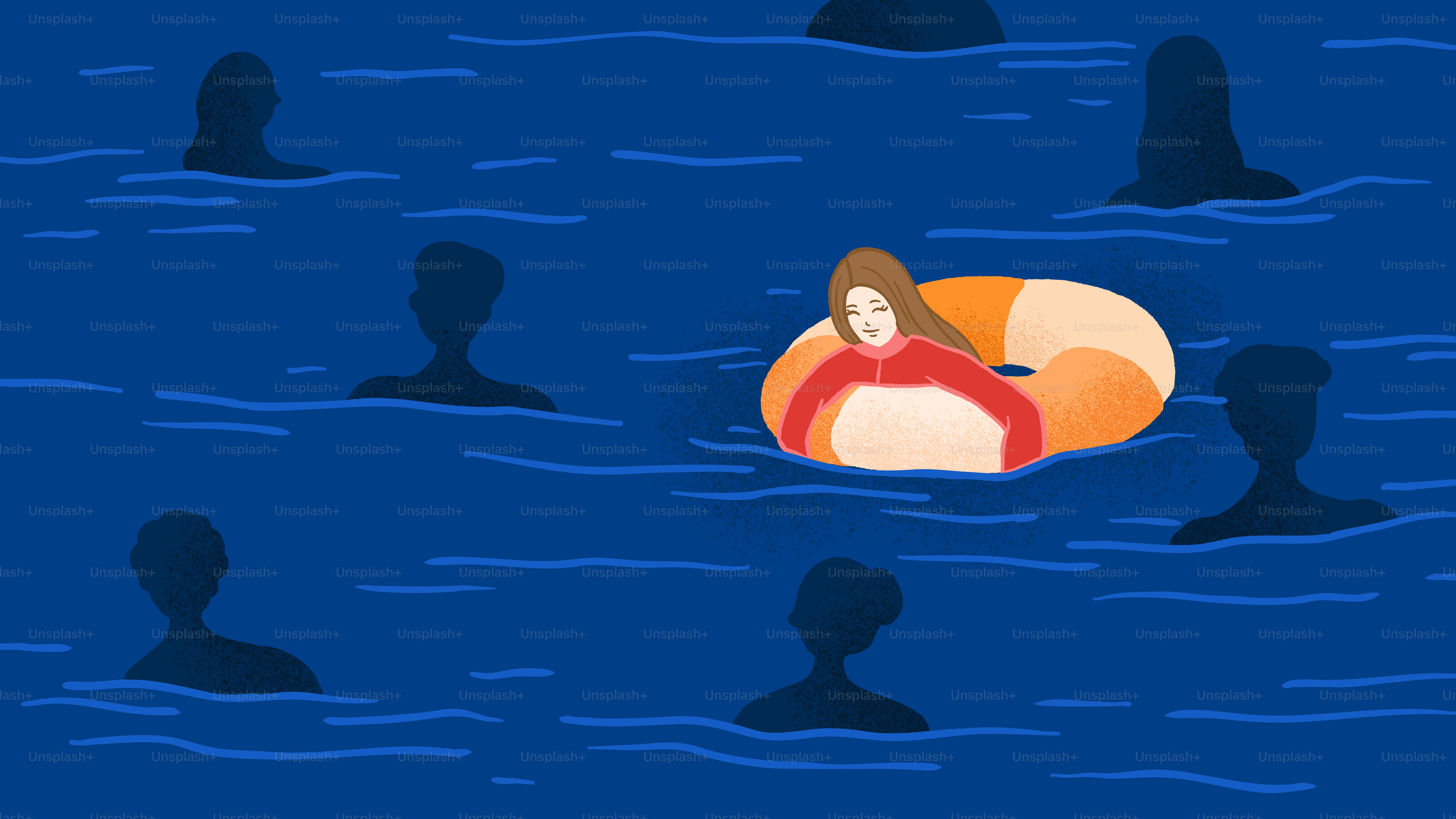 A woman floats while surrounded by figures.