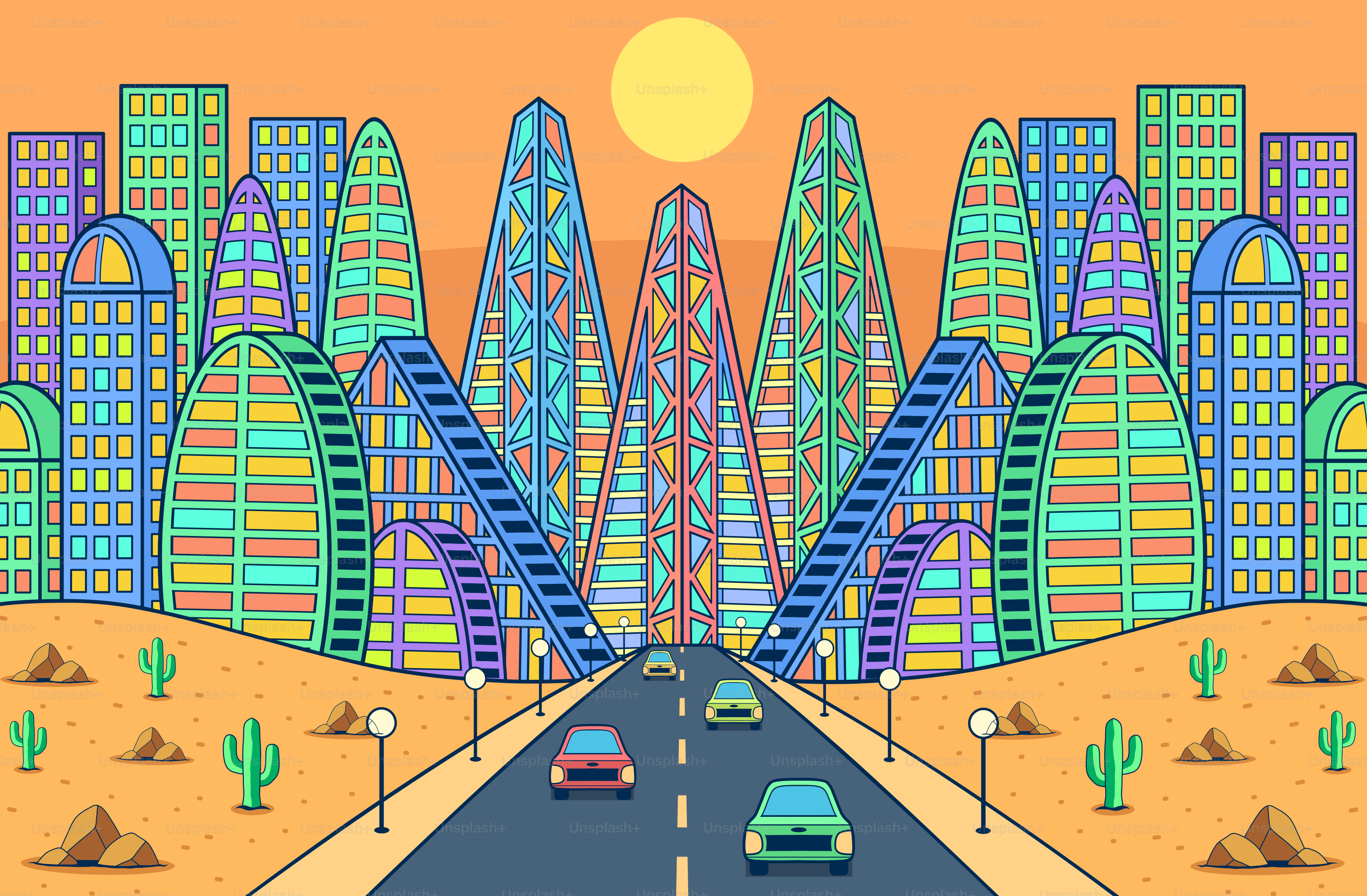 Cars drive toward a colorful, futuristic cityscape.