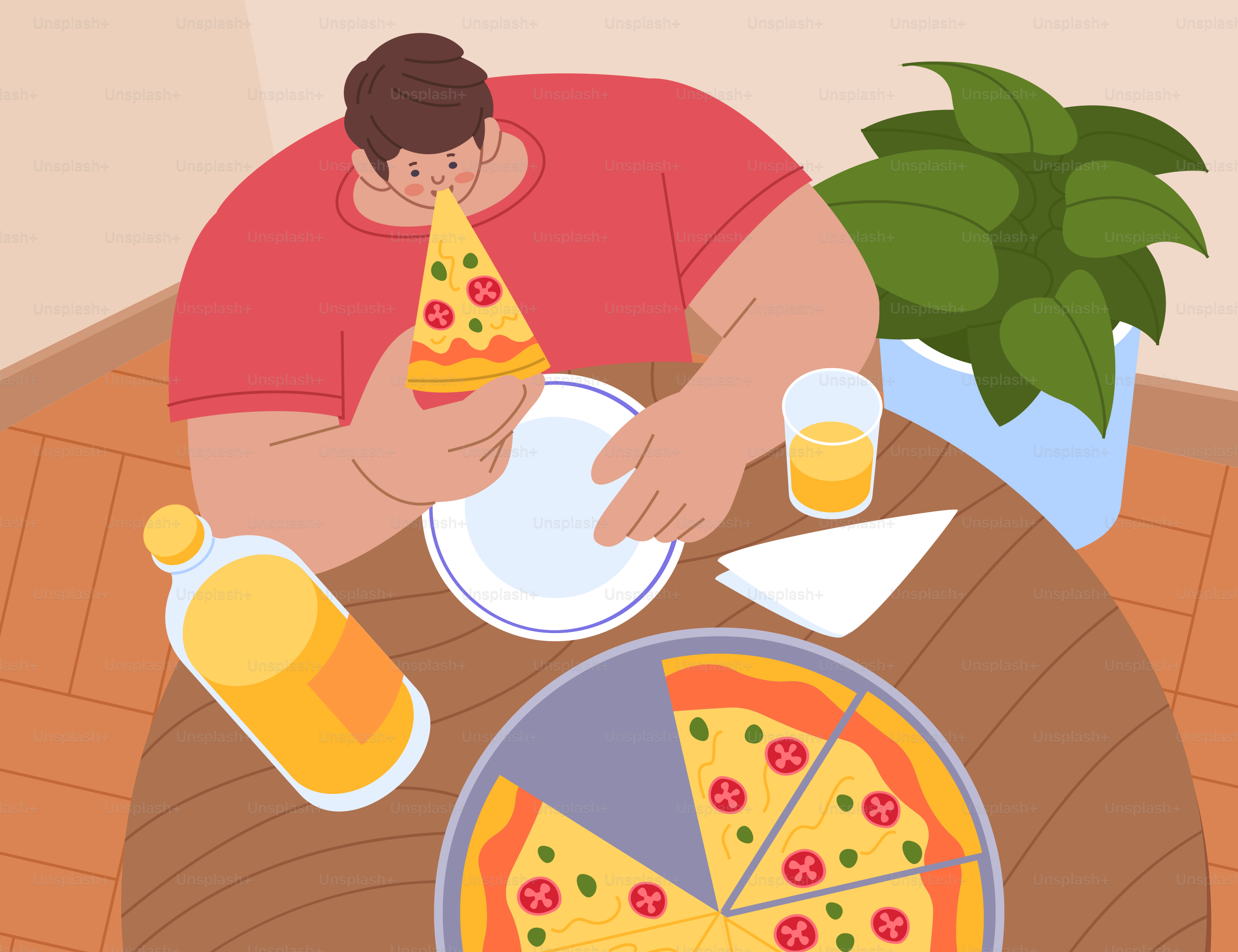 Un uomo ama mangiare pizza con una bevanda.