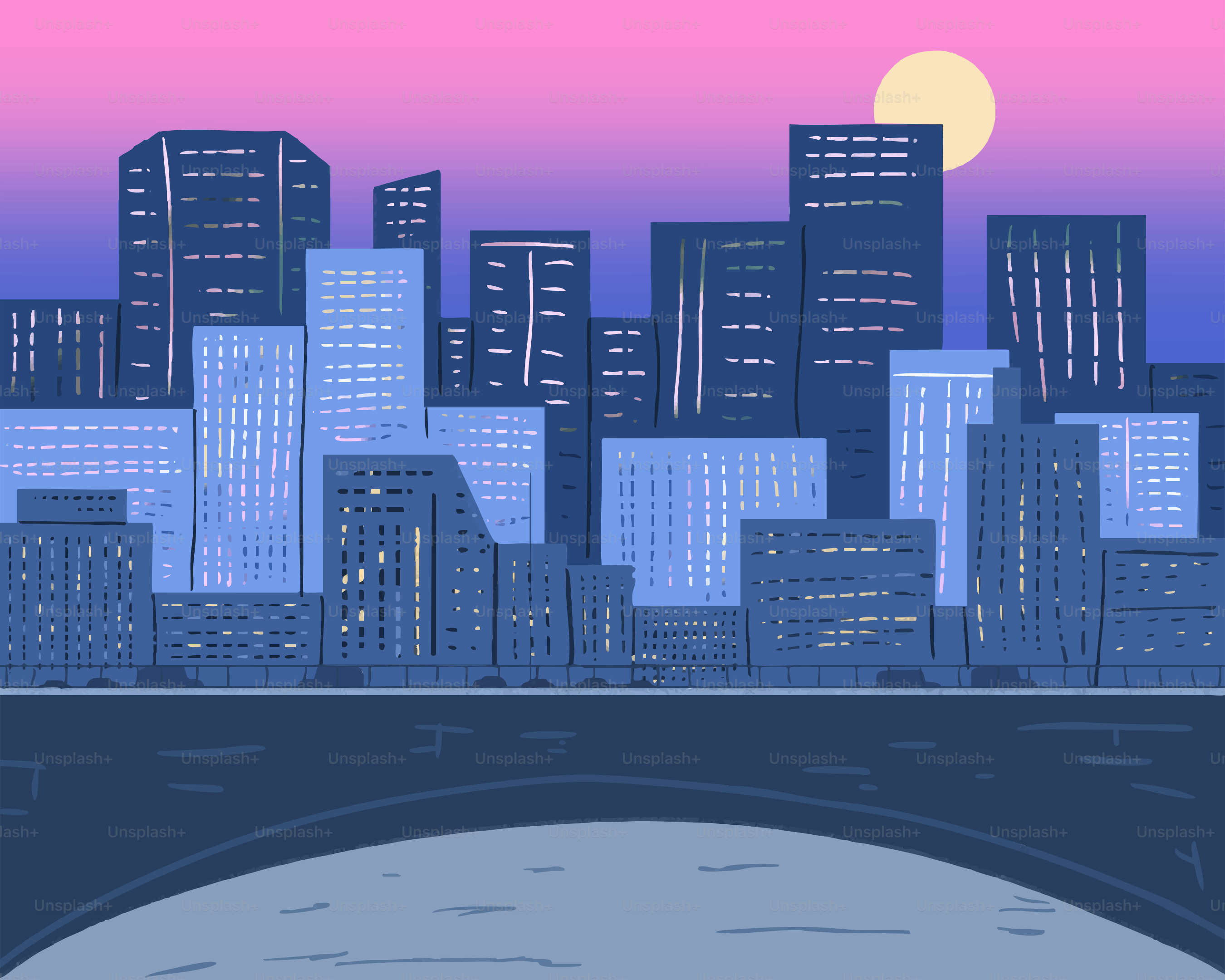 City skyline at dusk with the sun setting.