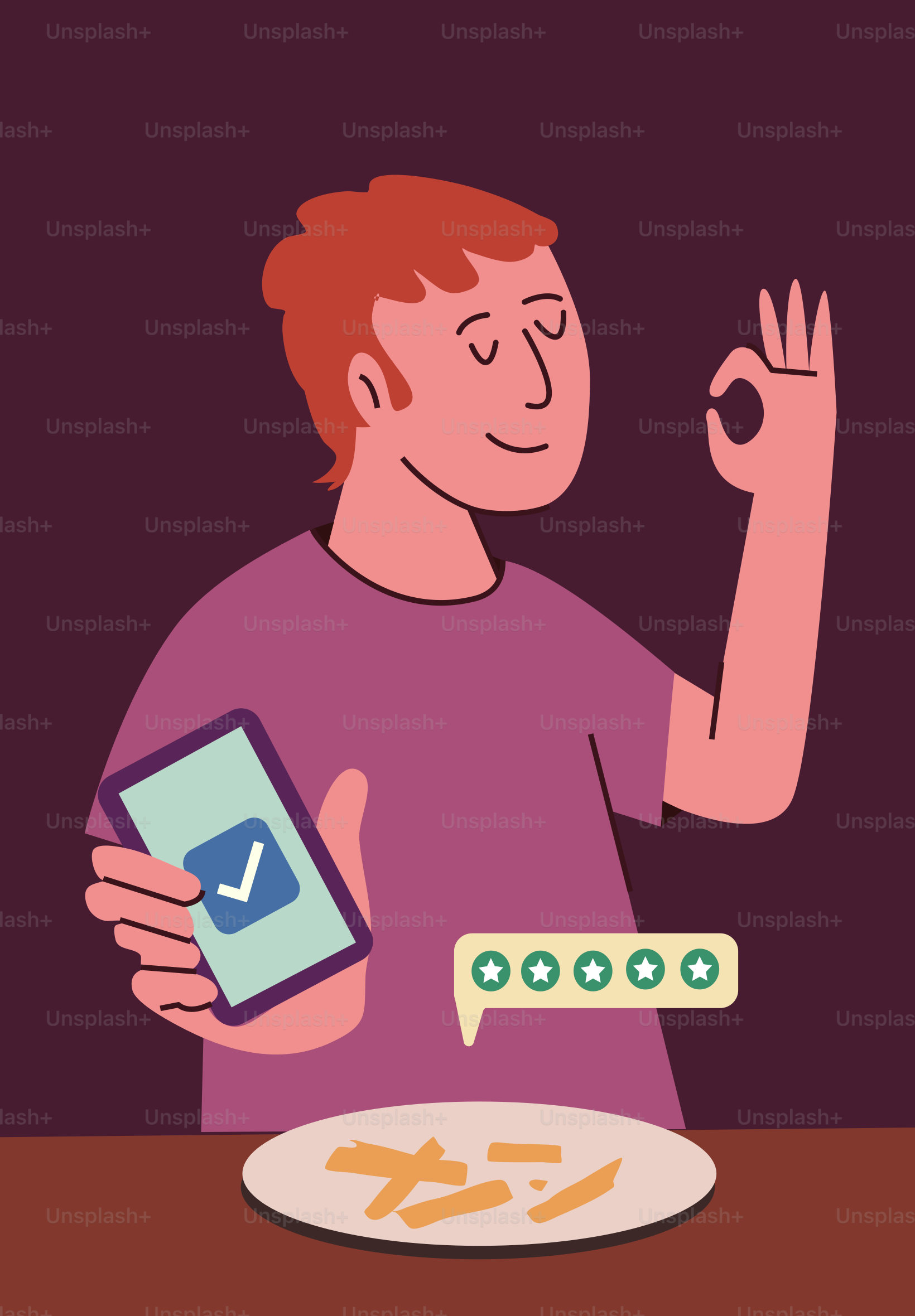 Il cliente soddisfatto dà al cibo una valutazione perfetta. vettoriale –  Immagine di Illustrazione su Unsplash, image size:3000x4317