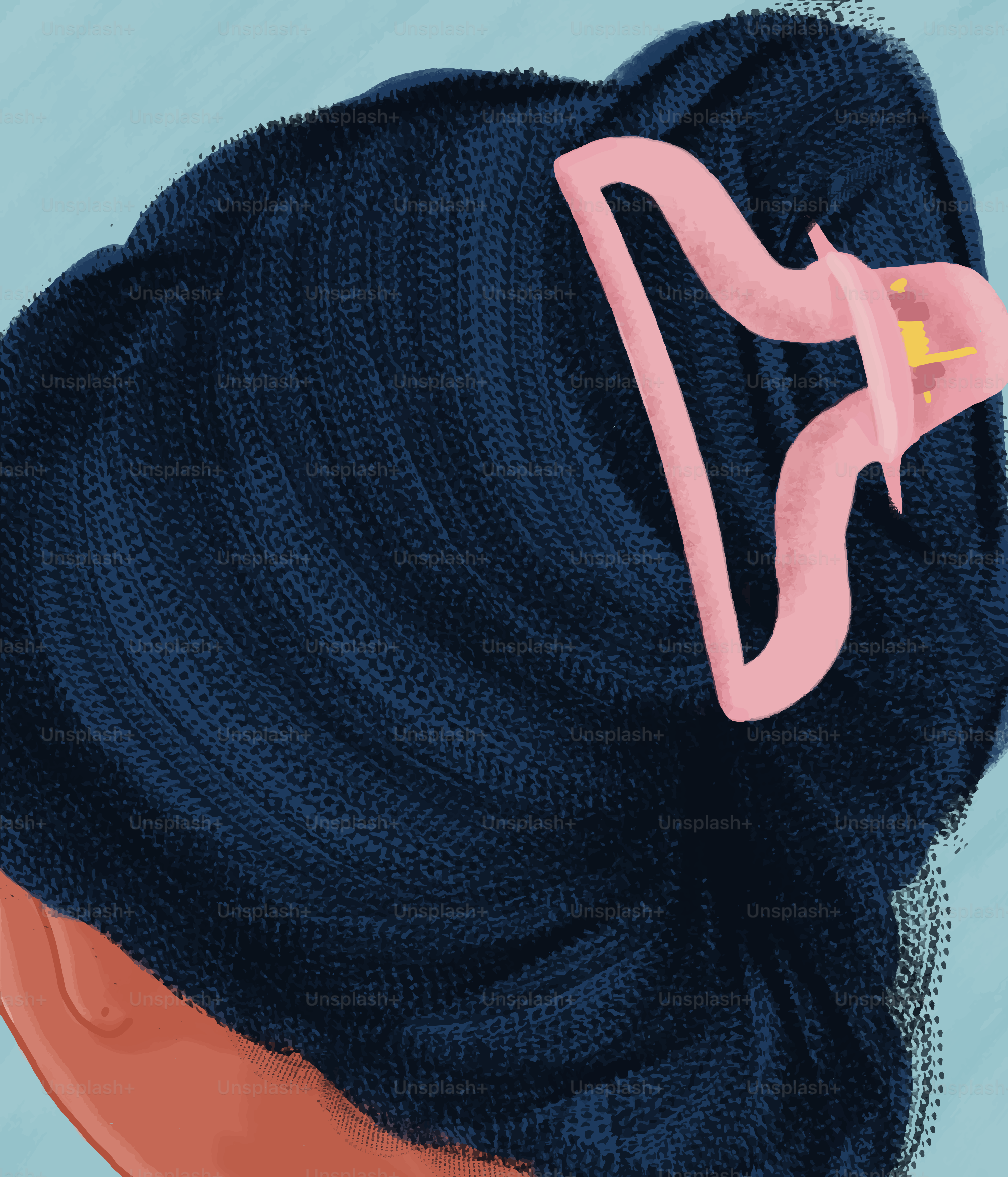 Hair is up with a pink claw clip.