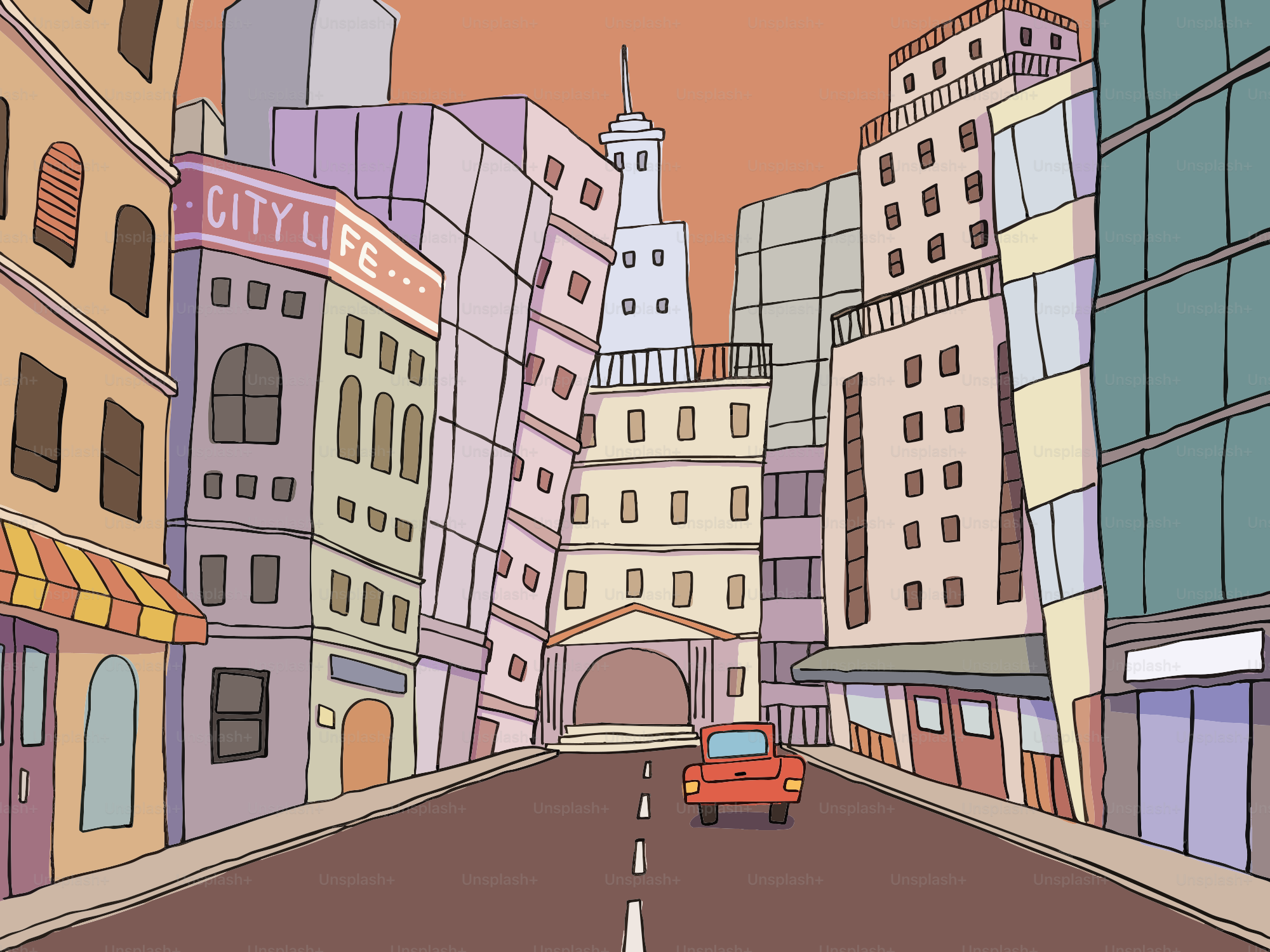 A car drives down a street in the city.